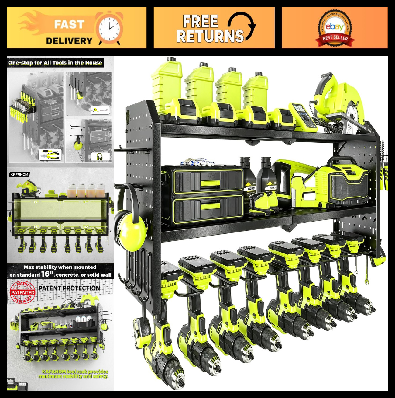 Heavy Duty Drill Holder Wall Mount - 8 Tool Organizer with 12 Hooks, Garage Stor