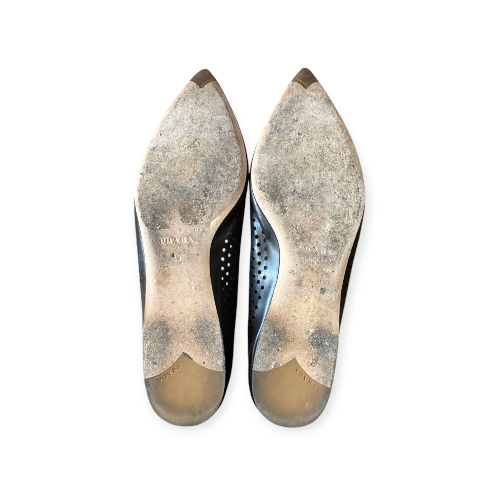 Prada Pointed Toe Flats, Black Perforated Leather, Size 39 EU, dust bag/box