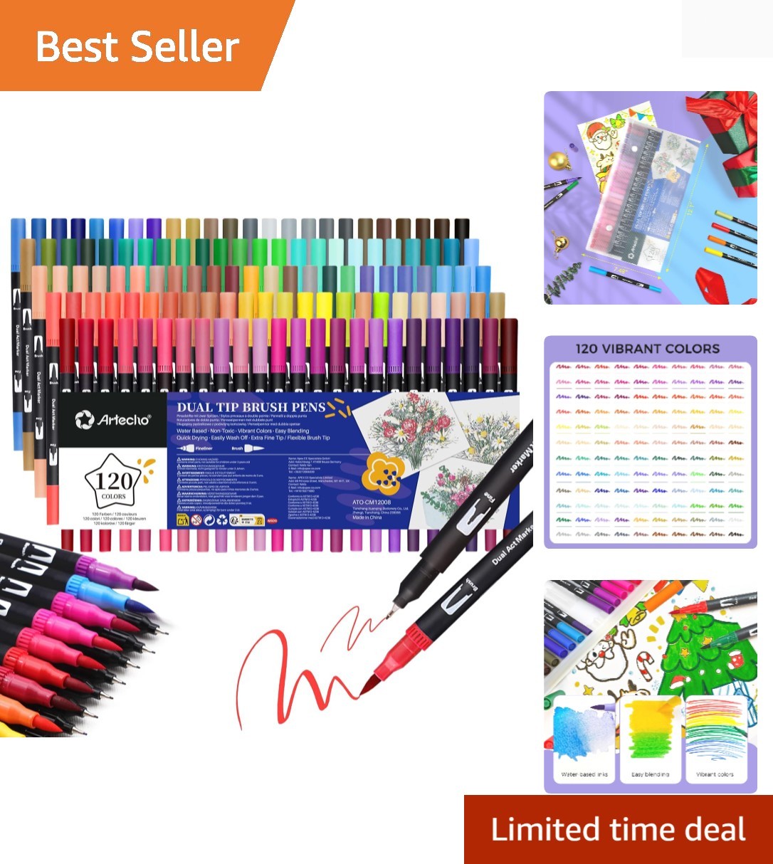 Adult Coloring Book Markers - 120 Colors with Fine and Brush Tips for Creativity