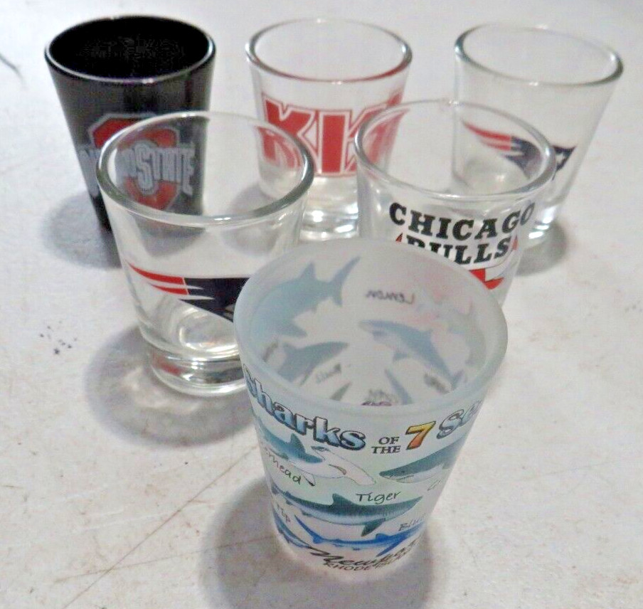 Lot of 6 Whiskey Shot Glasses Kiss Bulls 2 Patriots Sharks Ohio State