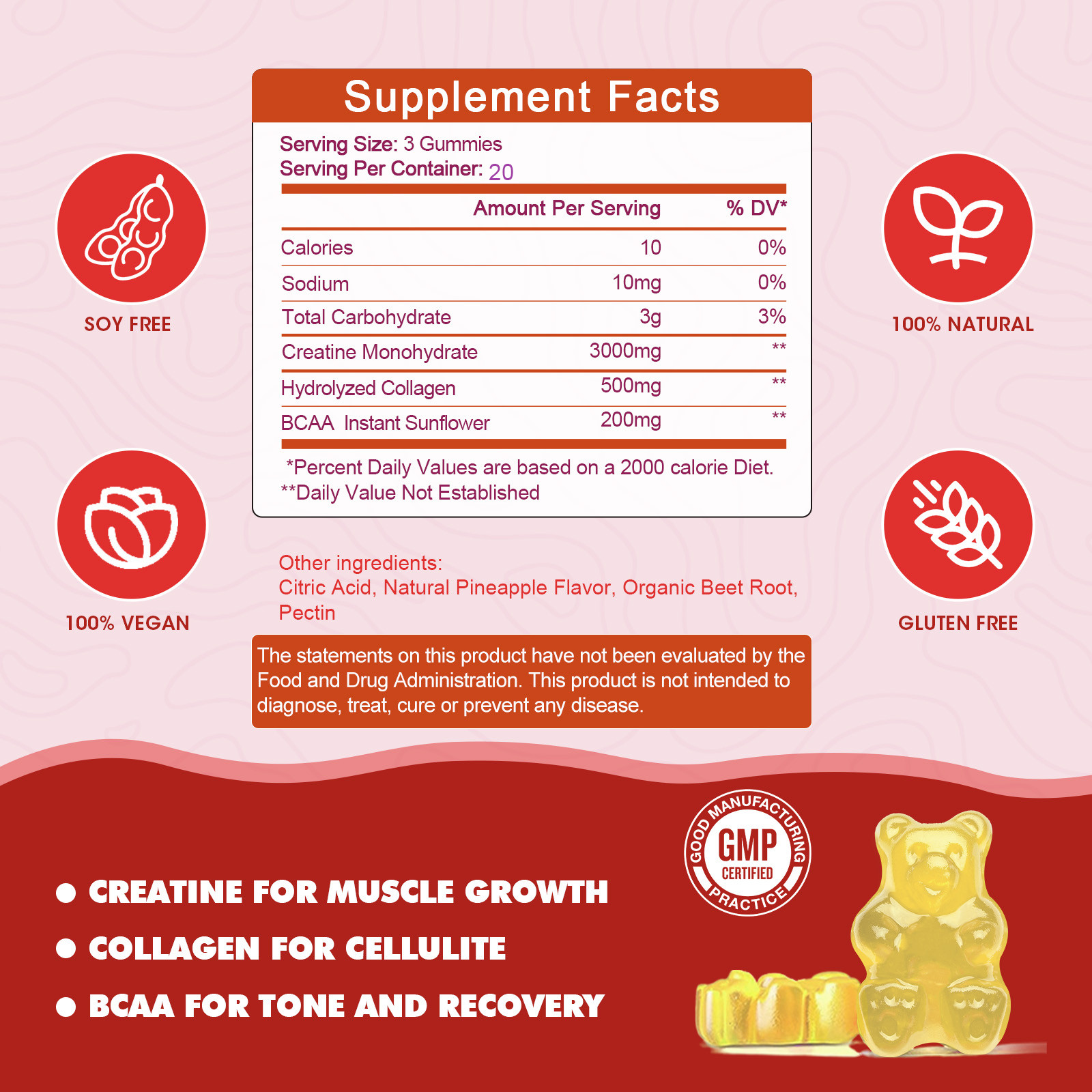 Creatine Monohydrate Gummies Increase Strength Muscle Gain 60ct