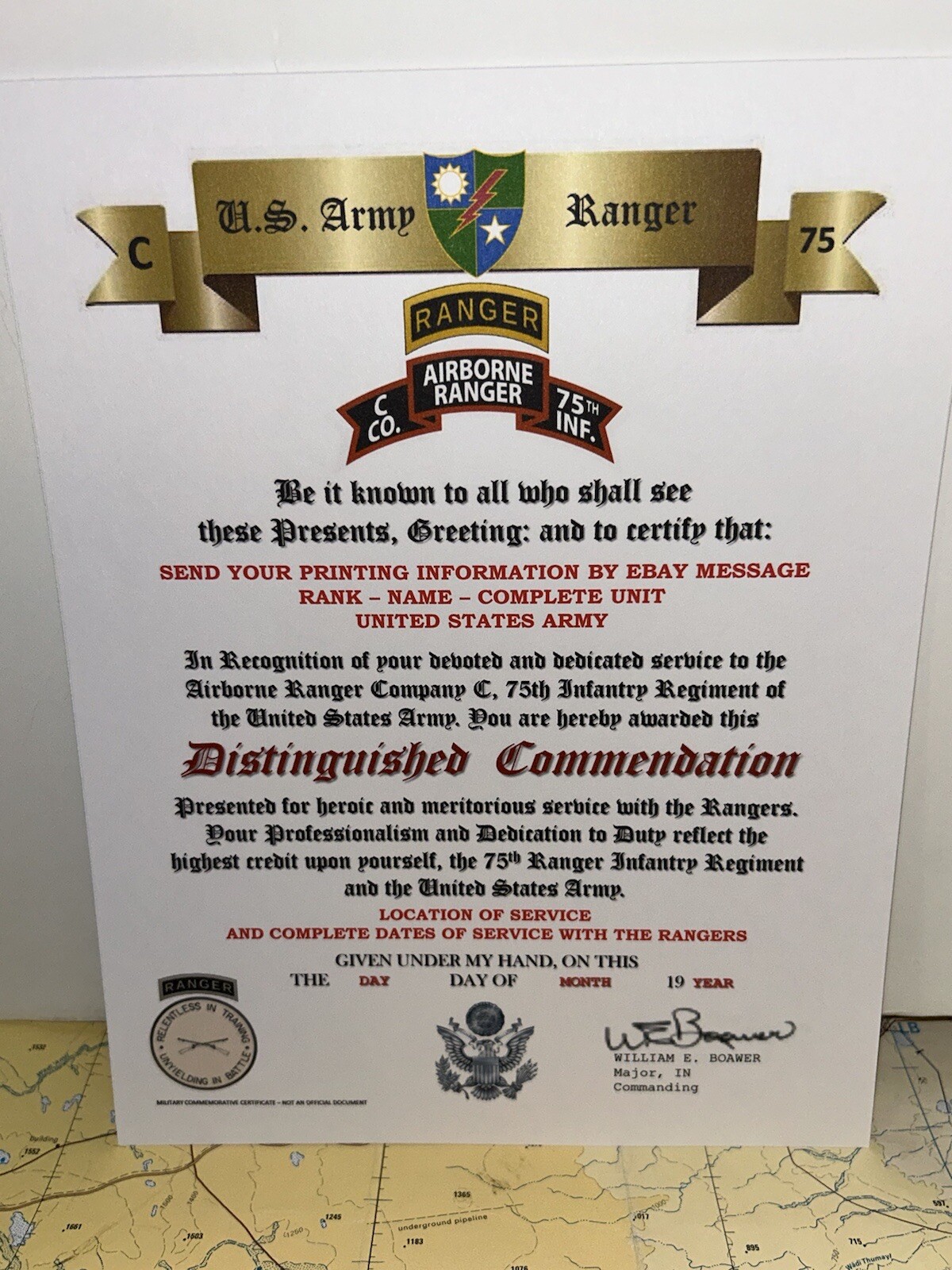 U.S. ARMY - C CO. 75TH RANGER INFANTRY / DISTINGUISHED COMMENDATION CERTIFICATE