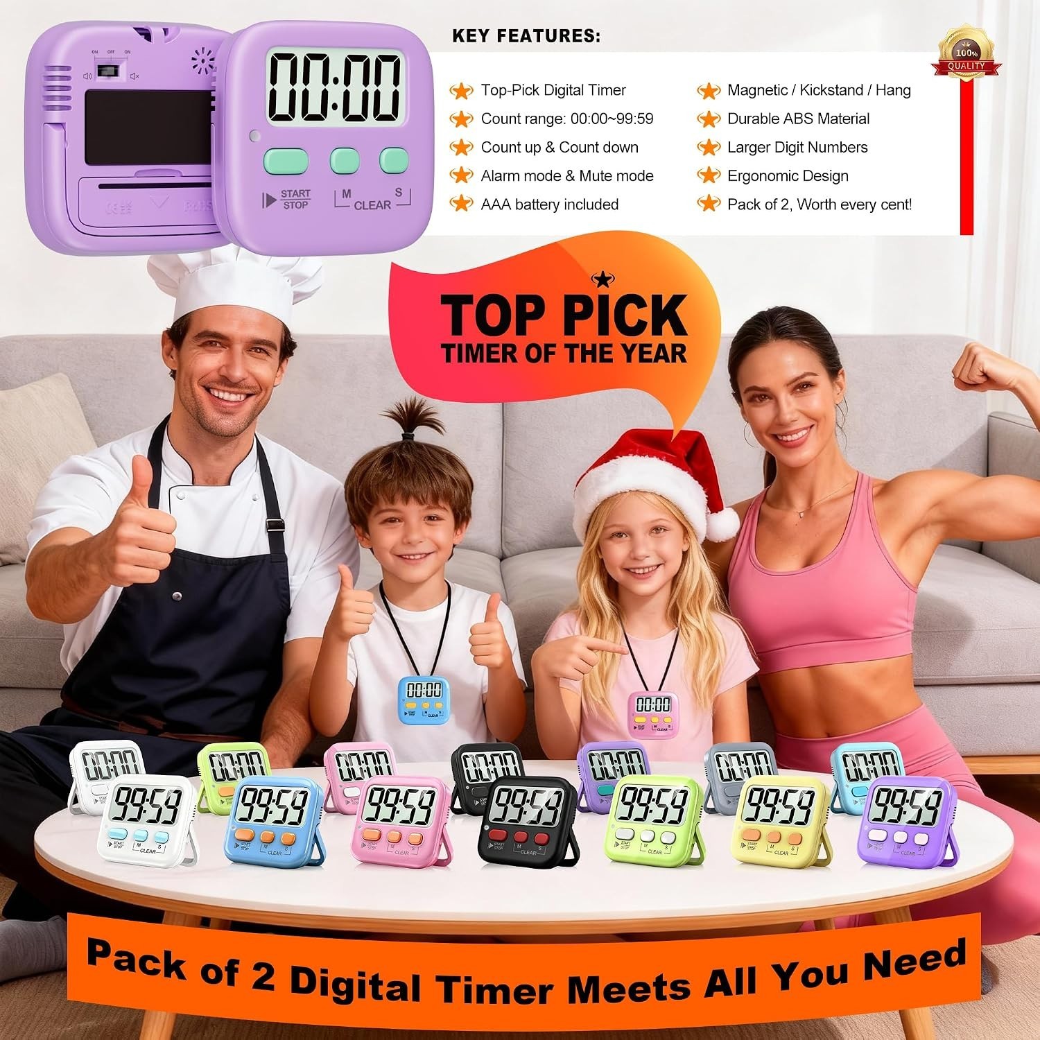 2 Pack Digital Kitchen Timer for Kids - Countdown & Count Up, Loud/Silent Mode