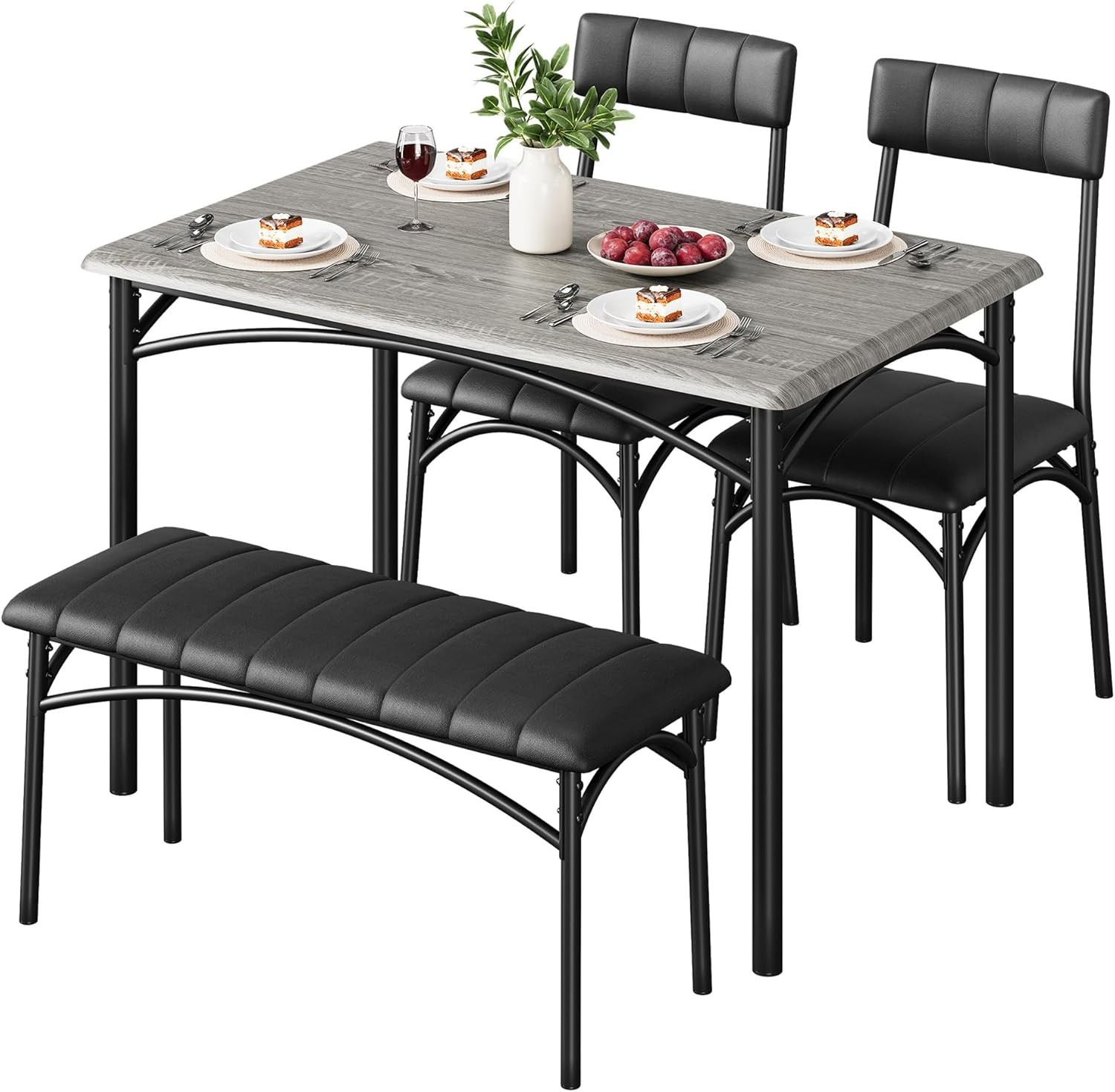 Dining Table Set 4 Space-Saving Wood Kitchen Table W/ Upholstered Bench & 2