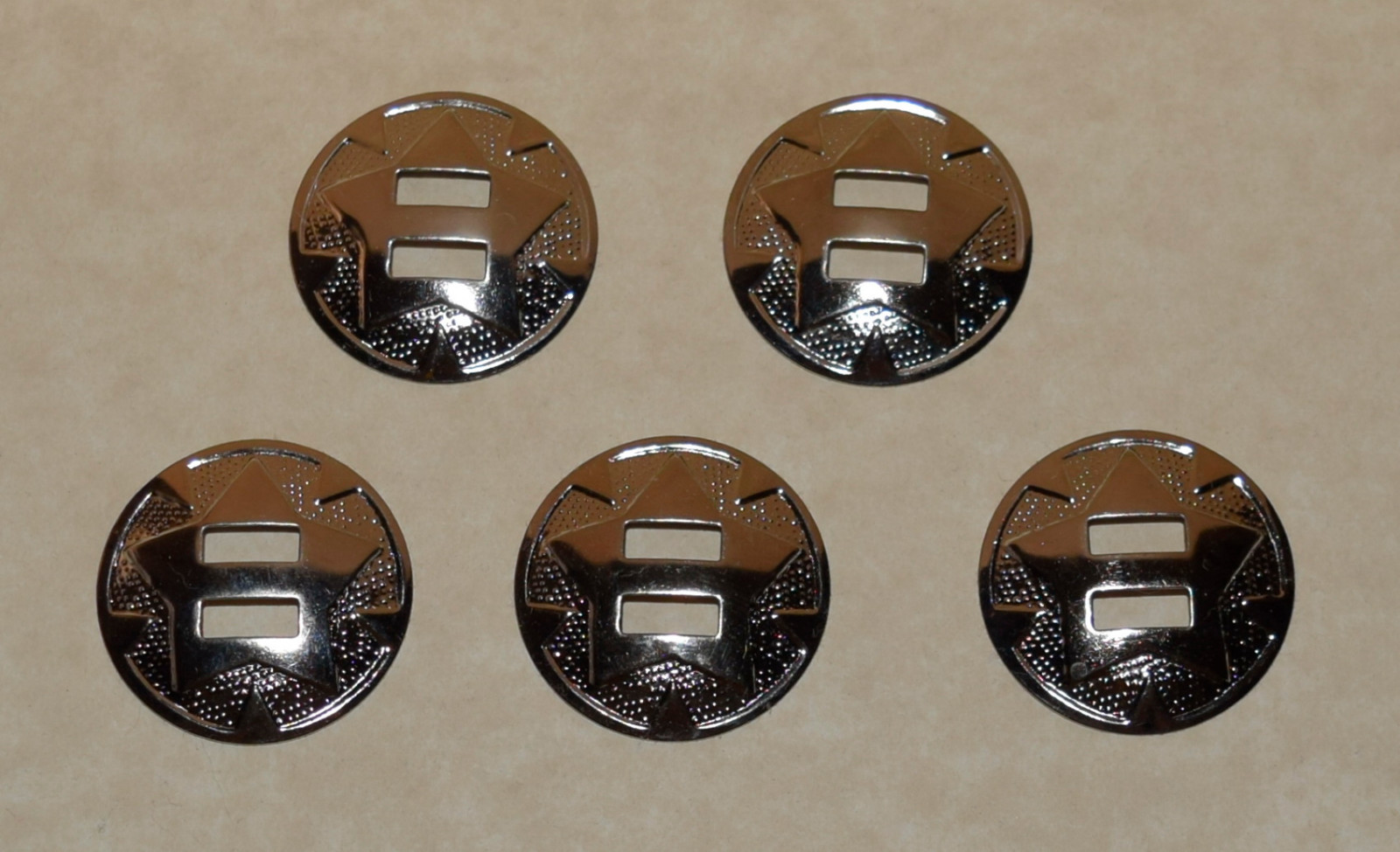 Set of 5 Silver Plated Round Star Conchos #1- Crafts-Boots-Hats-Belts-Bulk Lot