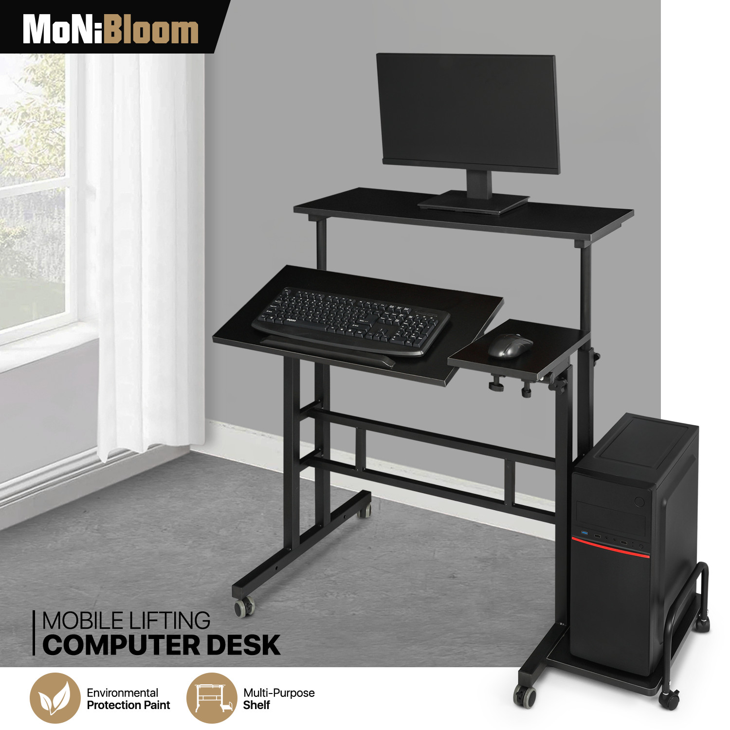 [ROLLING ADJUSTABLE HEIGHT DESK] Laptop Computer Table Workstation w/CPU Holder