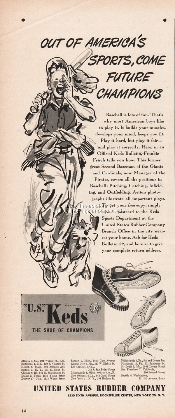 1944 United States Rubber Co US Keds Sneakers Gym Shoes of Champions Ad