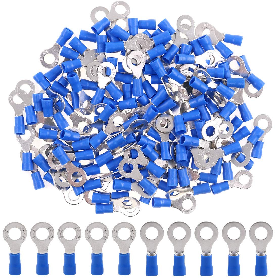 Hilitchi 100Pcs 16-14AWG Insulated Terminals Ring Electrical Wire Crimp Blue