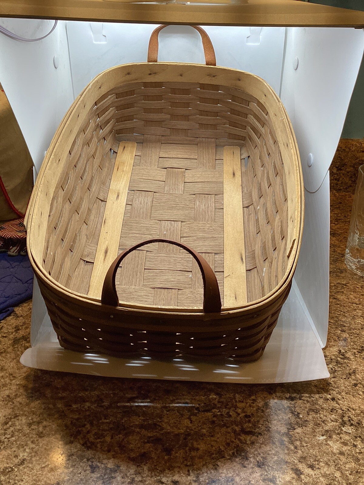 Hand Woven Rectangle Basket With Leather Handles, Signed, 2003