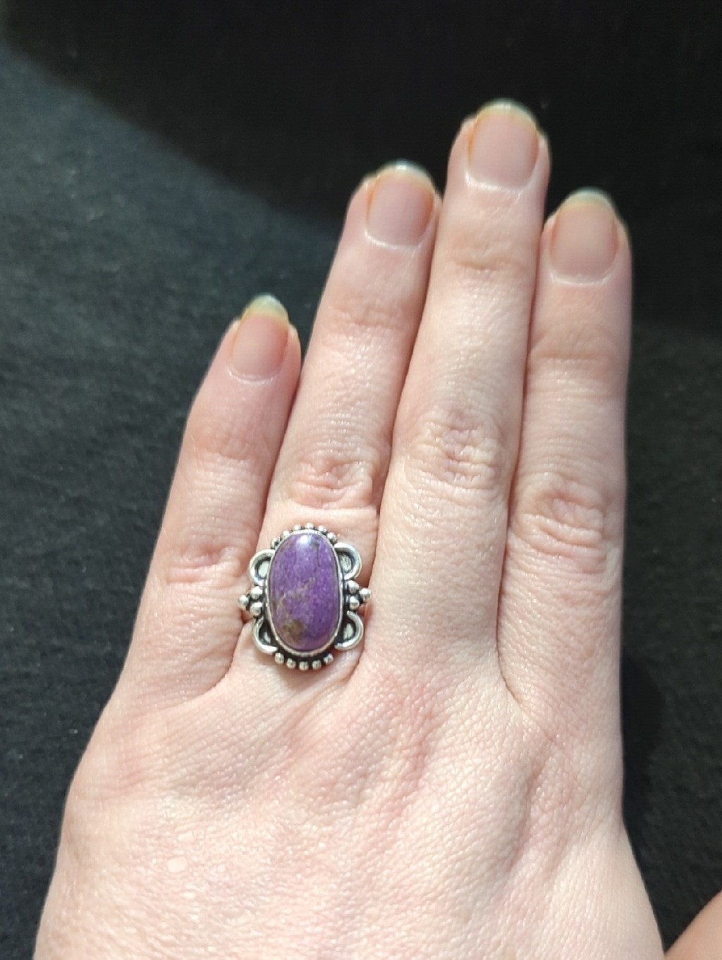 Silver Plated Purple Charoite Gemstone Oval Statement Ring - size 8