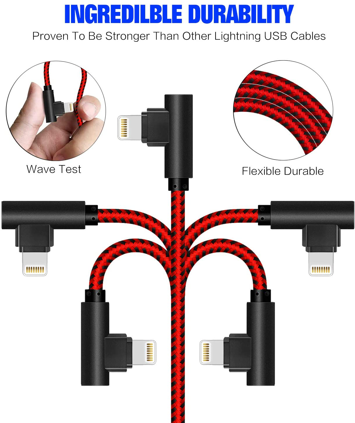 3-Pack 10FT 90 Degree IPhone Cable Fast Charger Cord Right Angle Nylon Braided