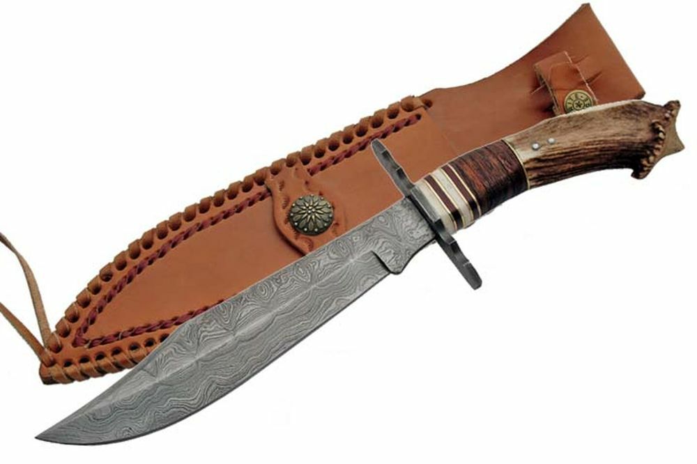 NEW 13.5" Damascus Steel, Stag Handle Crown Hunter Bowie Knife w/ Leather Sheath