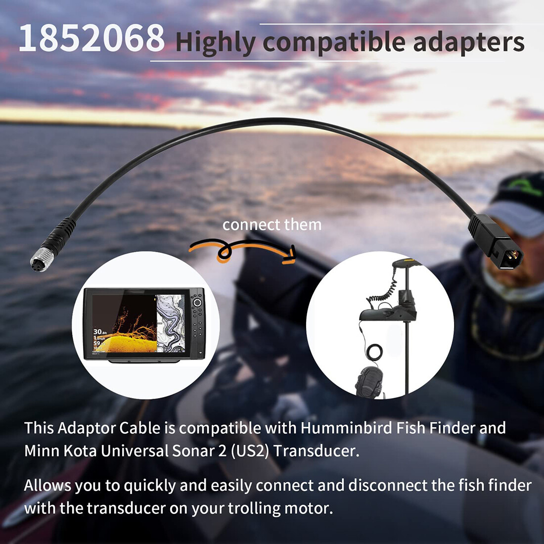 For Minn Kota MKR-US2-8 Humminbird 7-Pin US2 Transducer Adapter Cable 1852068