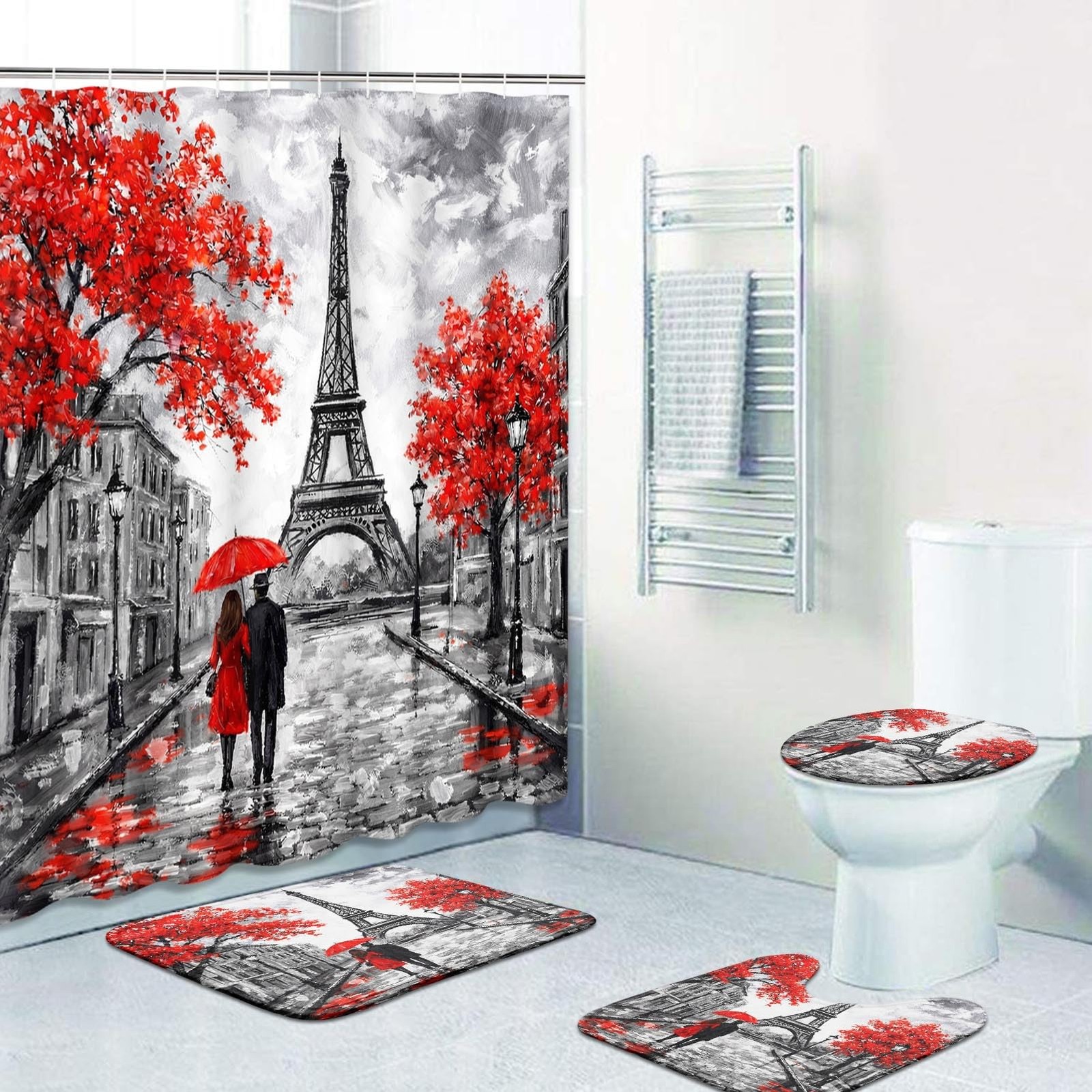 4 Piece Shower Curtain Sets, Red Background Paris Eiffel Tower with Non-Slip ...