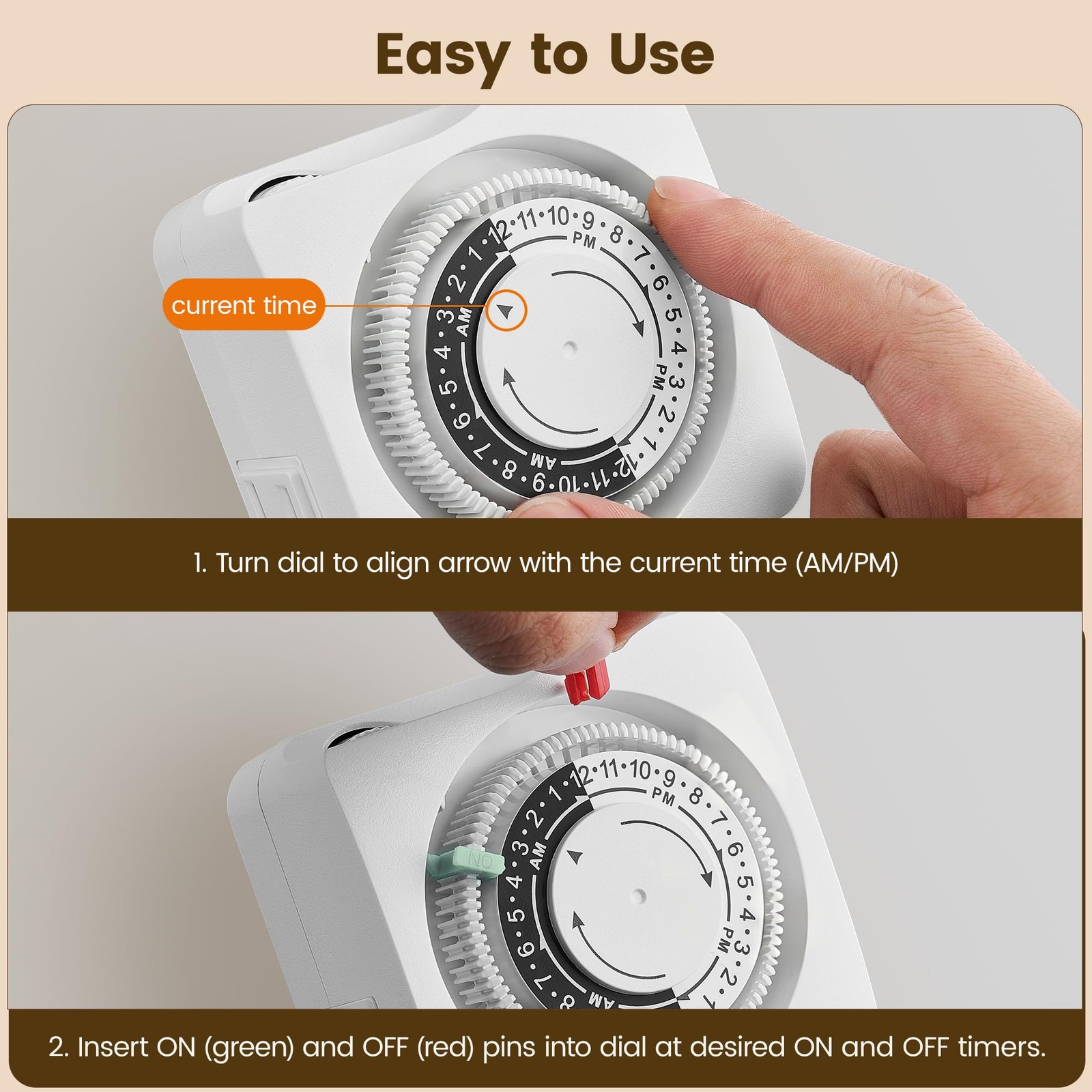 Mechanical Timer with 2 Grounded Outlets, Indoor Electrical Plug in Timer with T