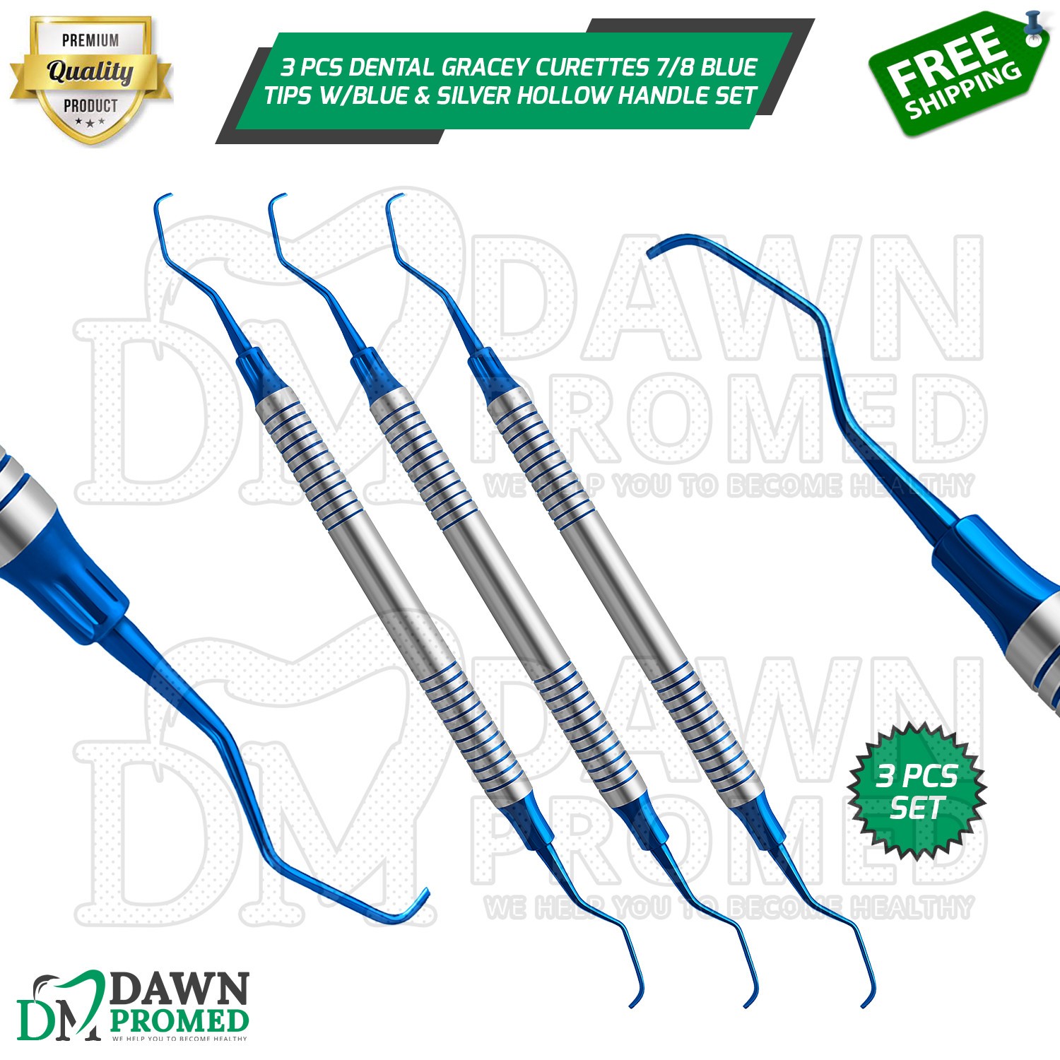 3 Pcs Dental Gracey Curettes 7/8 Blue Coated Double Ended Hollow Handle Set