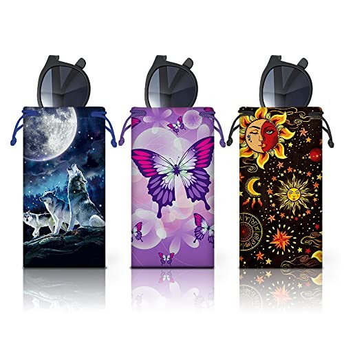 Set of 3 Polyester Sunglasses Celestial Sun Moon, Wolf Pack Moon, Butterfly