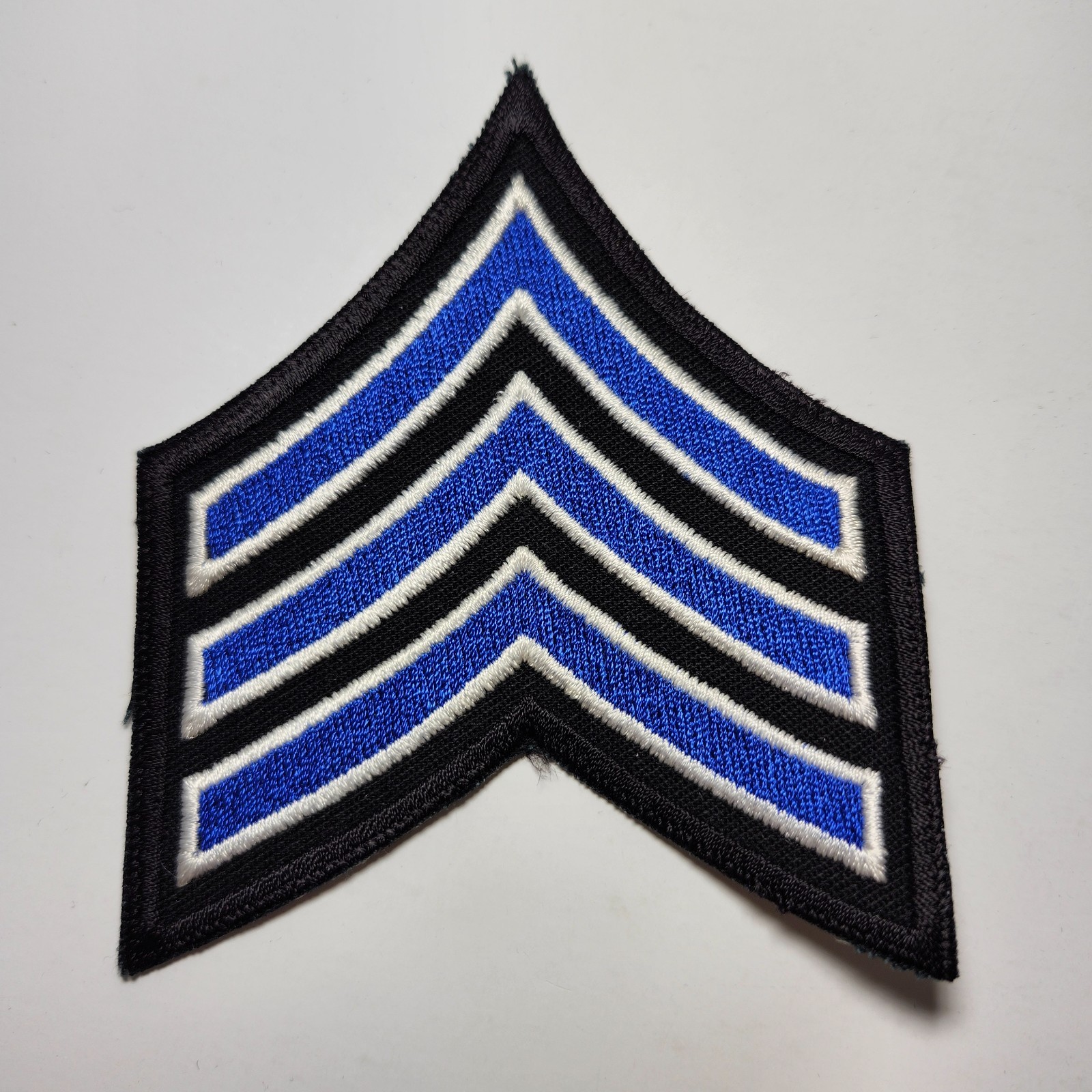 (2) Sergeant Chevron - 3.5" Wide - 3 Royal/White Stripes on BLACK Patch & Border