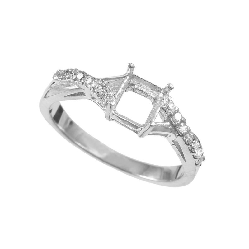 5mm Square Semi Mount Ring 925 Sterling Silver White CZ Accented Setting