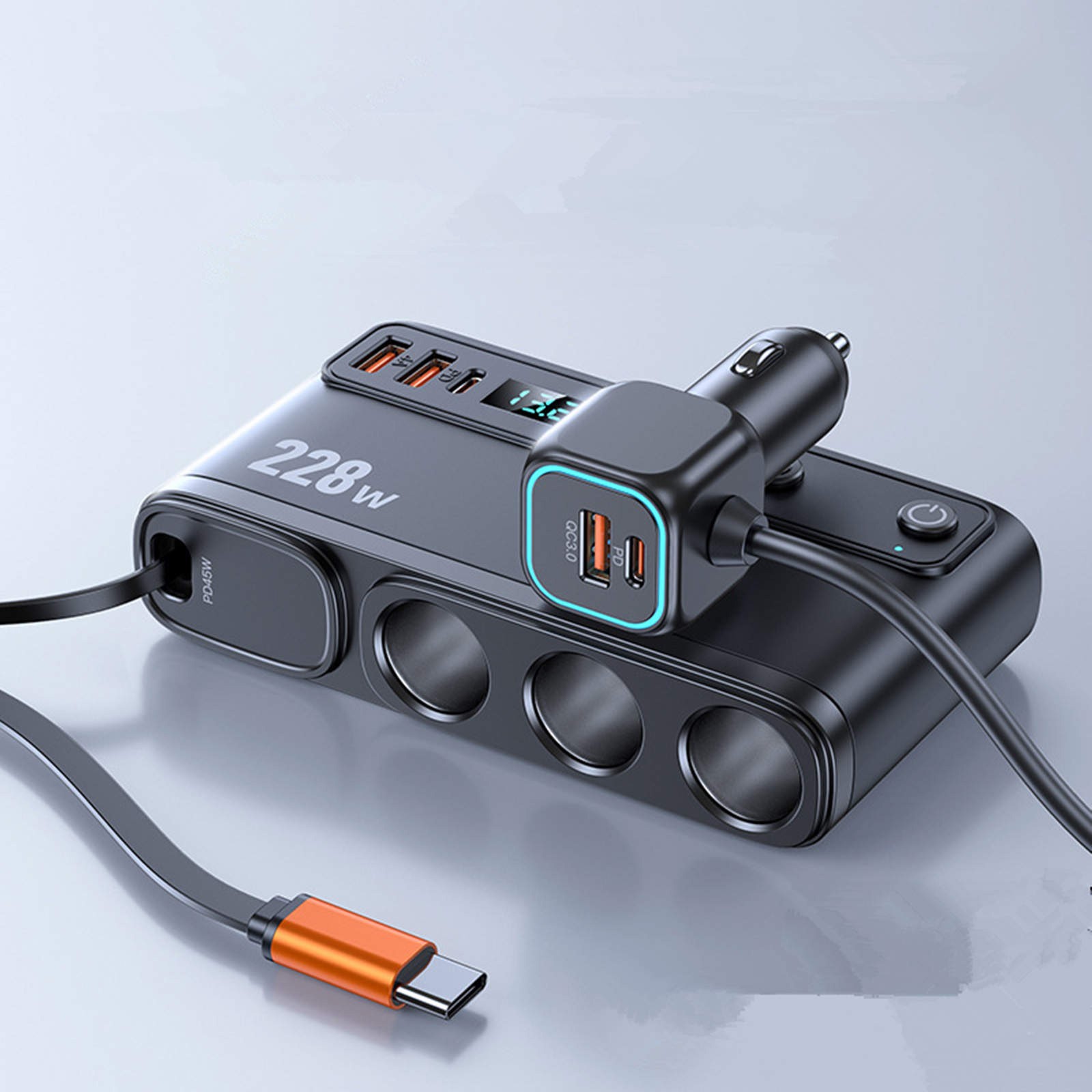 For Truck 9-in-1 Cigarette Lighter Charger 3 Sockets 6 USB Ports 228W Display