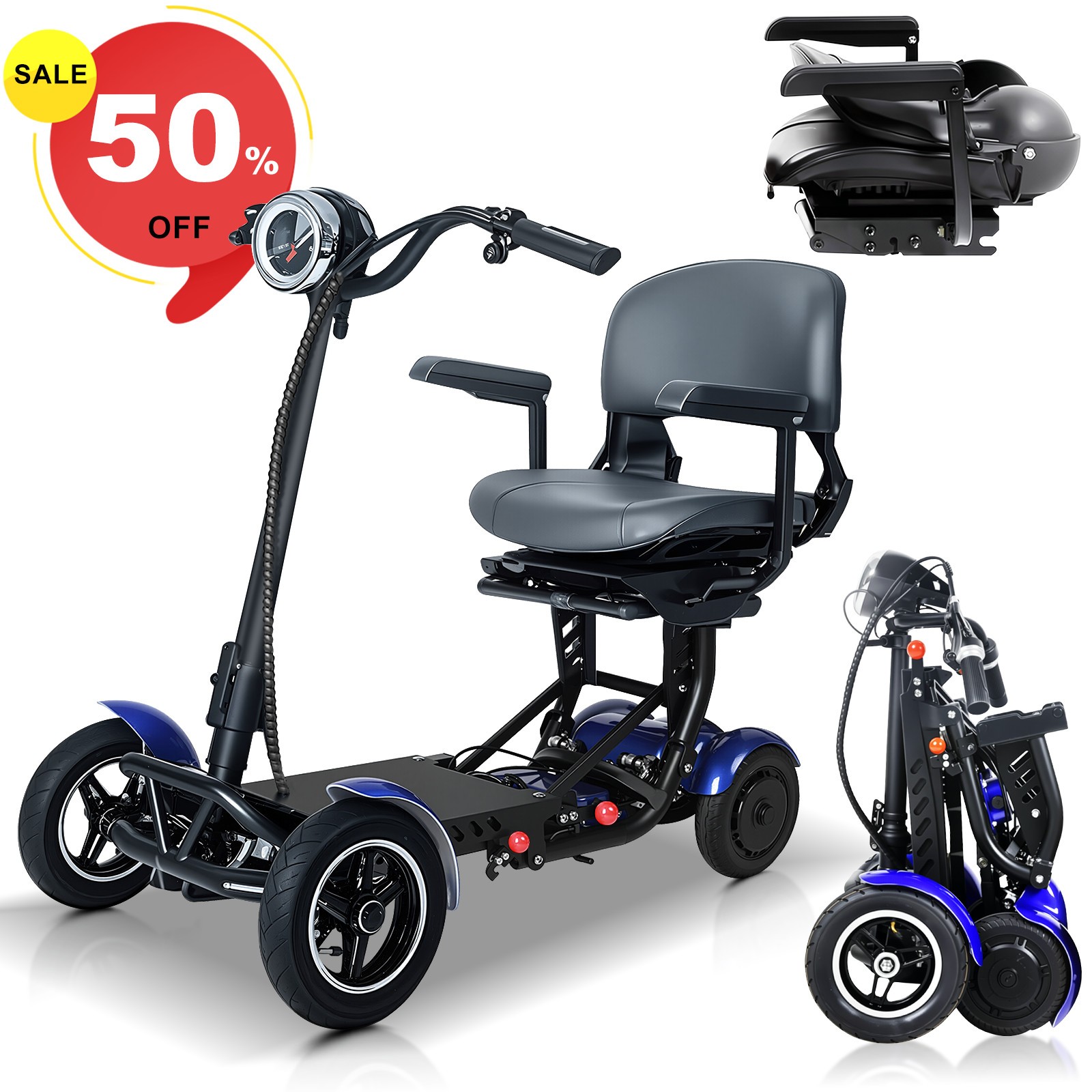 Foldable 4 Wheel Mobility Scooter Folding Drive Device for Seniors Adults US