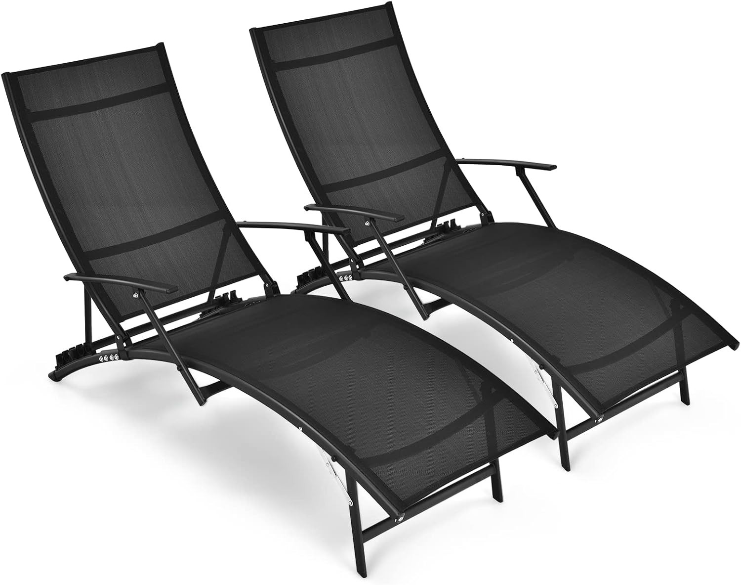 Set of 2 Adjustable Black Patio Chaise Lounge Chairs - Foldable & Quick-Dry