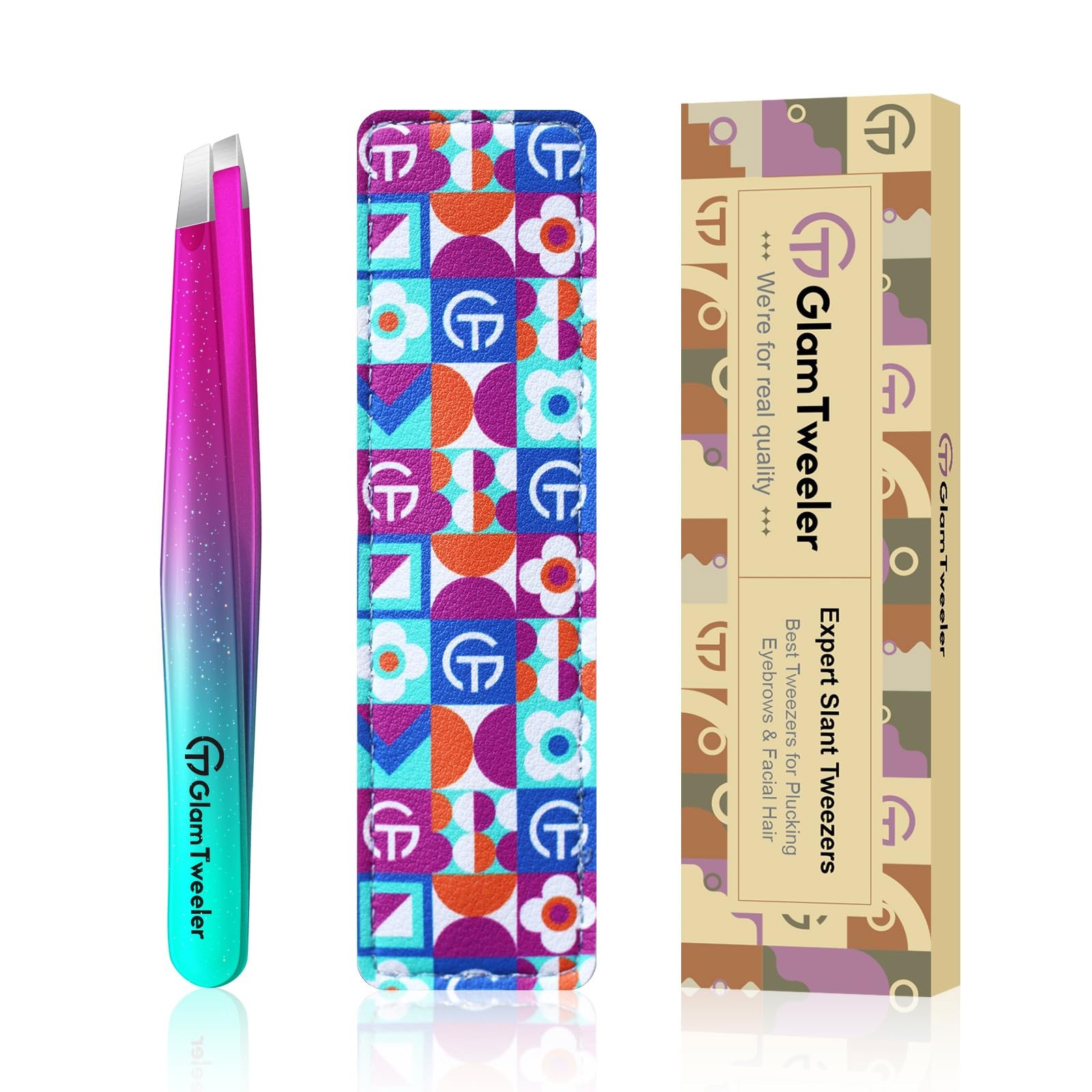 Expert Slant Tip Tweezers with Leather Case, Sparkle Purple & Turquoise