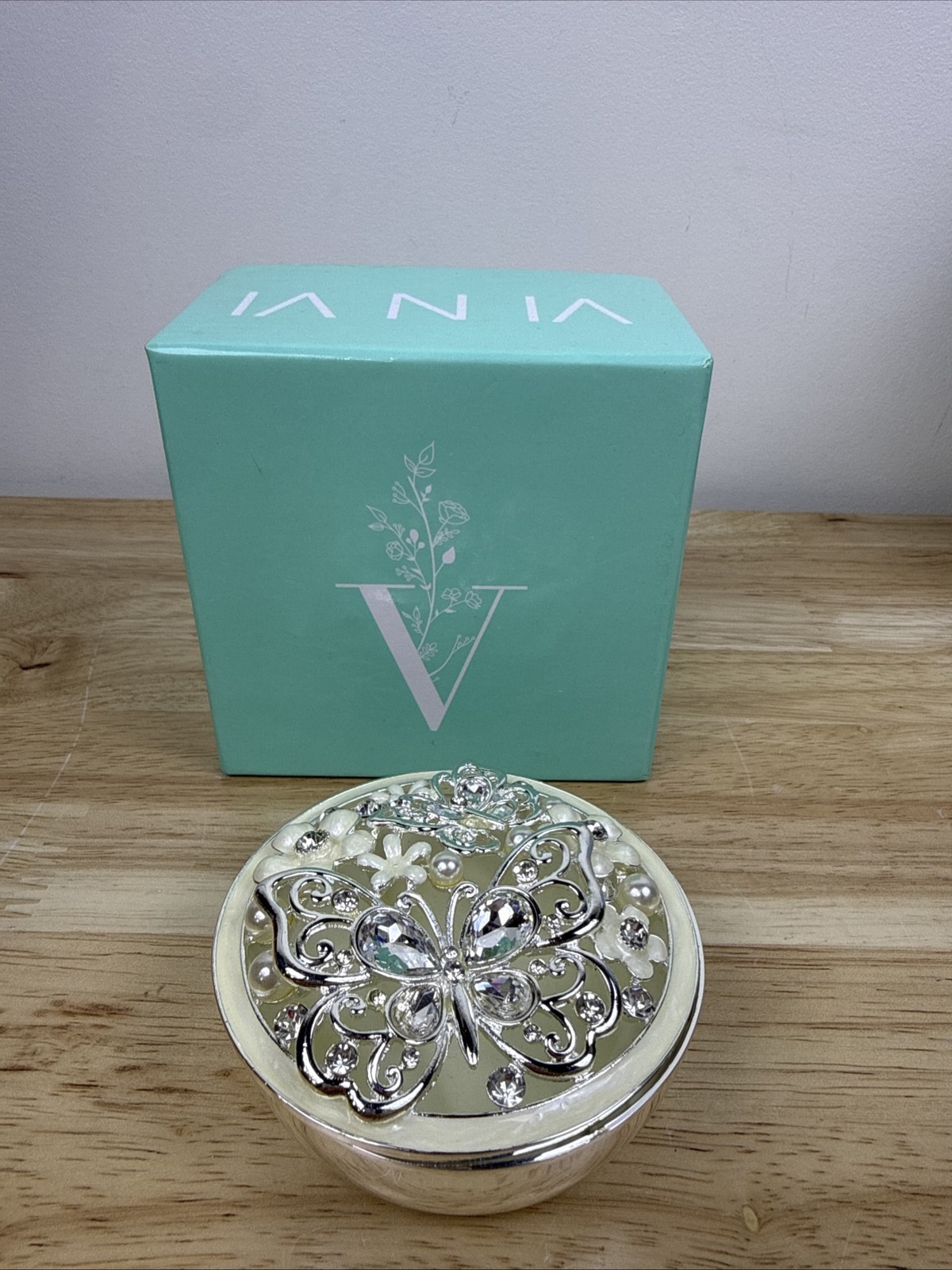 Decorative Flower and Butterfly Silver Tone Metal Lined Trinket Jewelry Dish