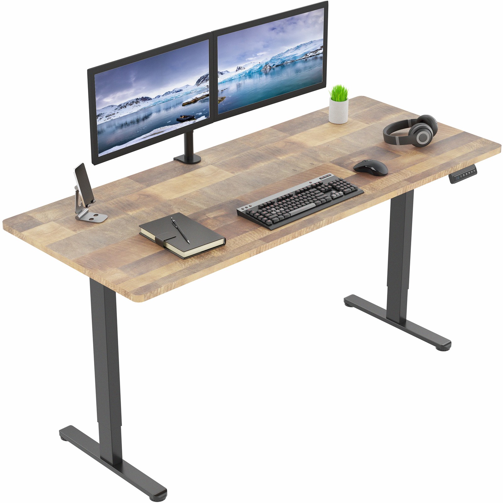 VIVO Dual Motor 71” x 30” Standing Desk, 1-Piece Reclaimed Wood Top, Black Frame