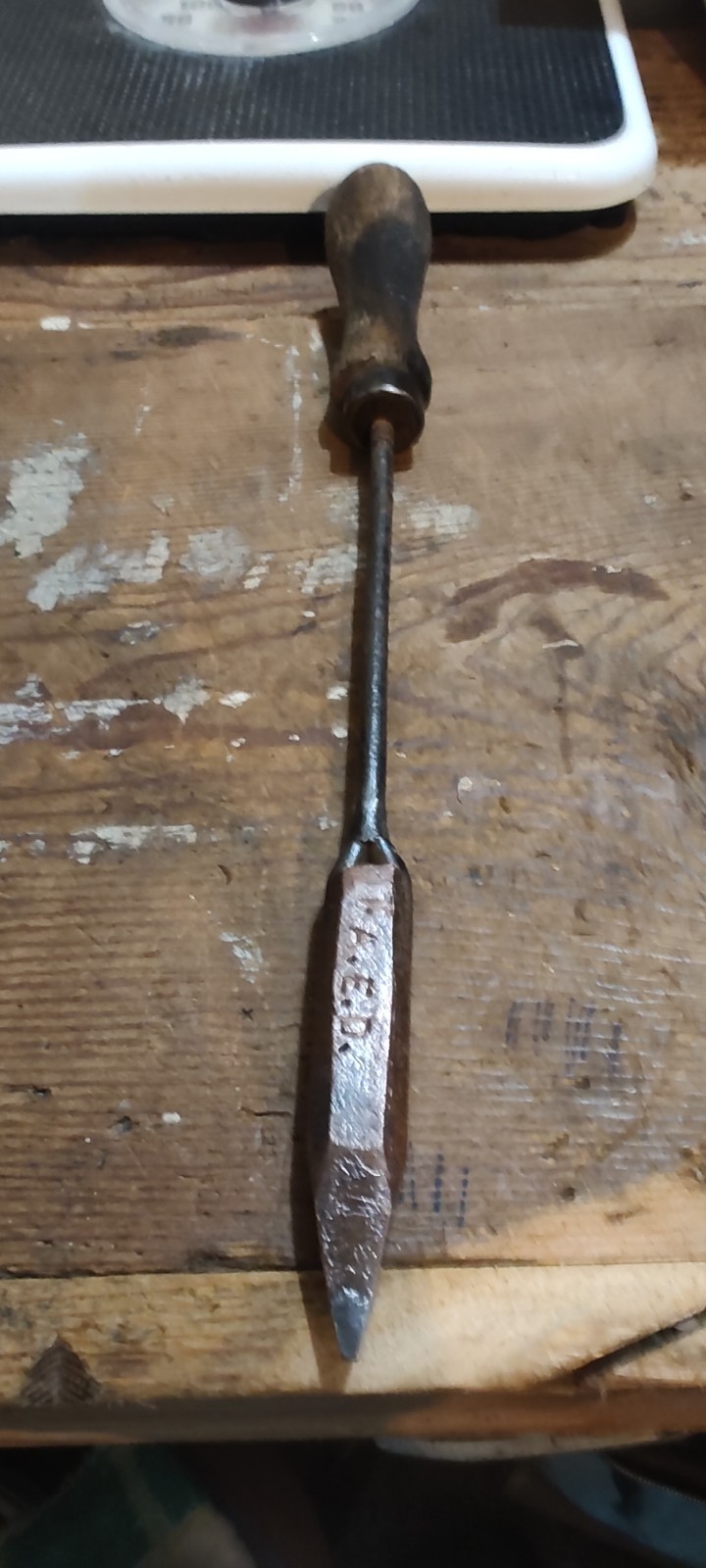 Soldering iron, flame heated copper tip with wood handle, Initial D.A.E .D