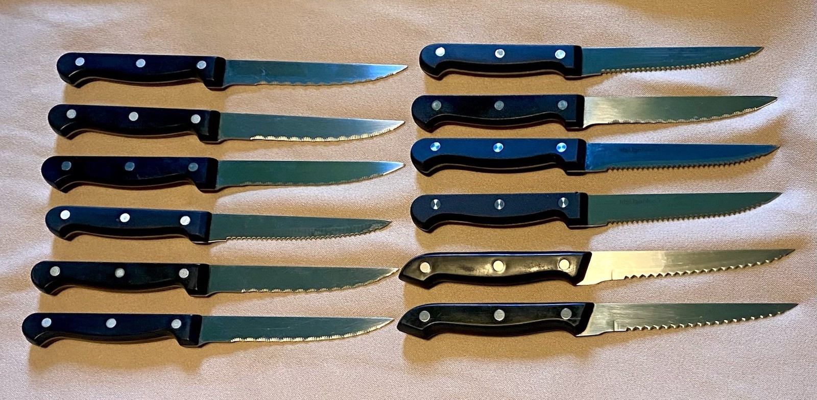 PREOWNED VARIETY LOT SALE OF 12 SERRATED STEAK KNIFES ALL IN GREAT CONDITION •￼