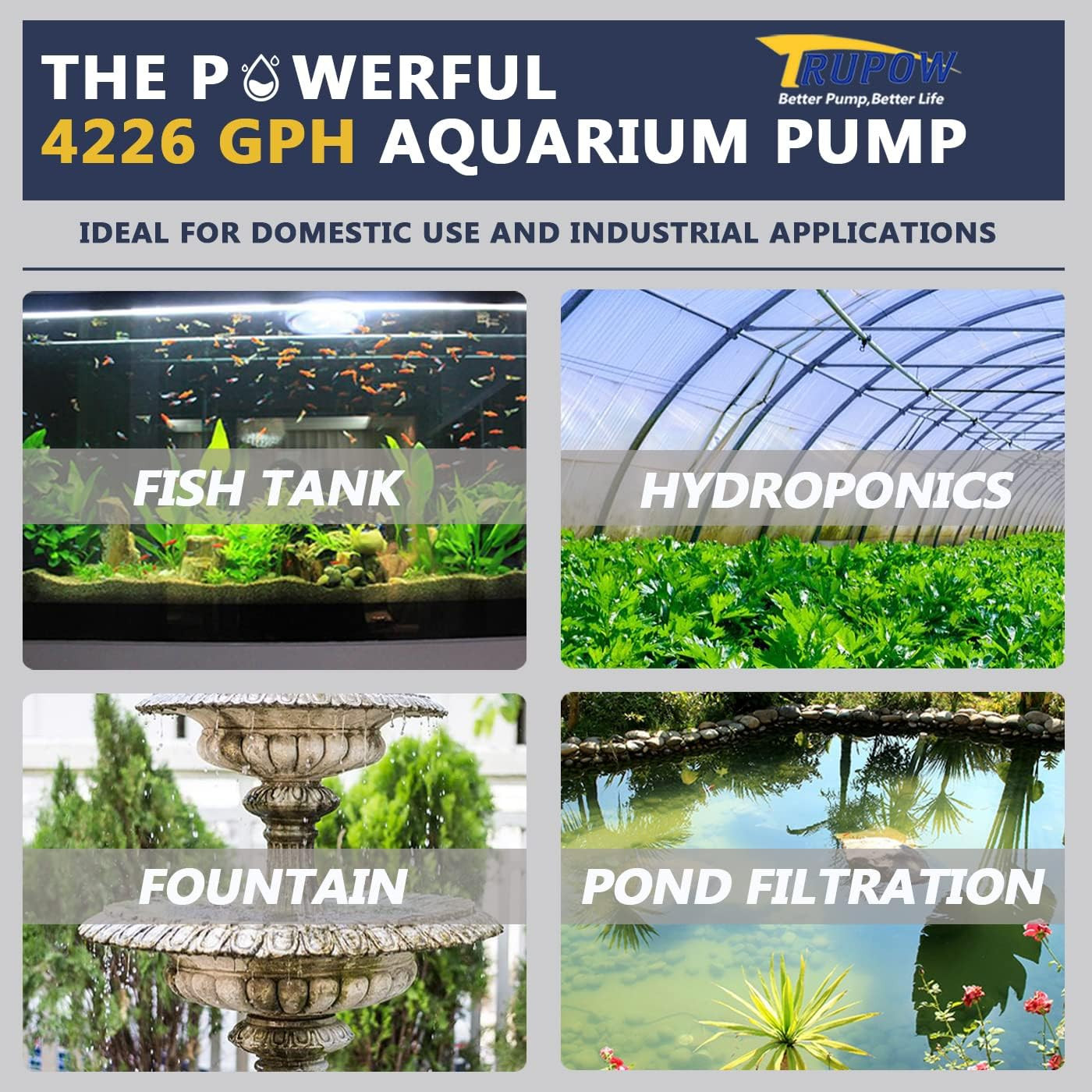 Trupow 4226Gph Flow Frequency Electric Inline Garden Submersible Pond