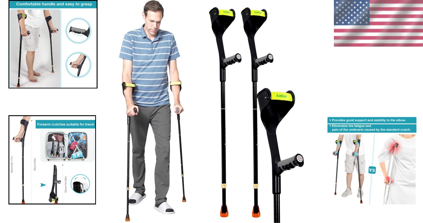 Lightweight Folding Forearm Crutches with Adjustable Height and Anti-Drop Cuff