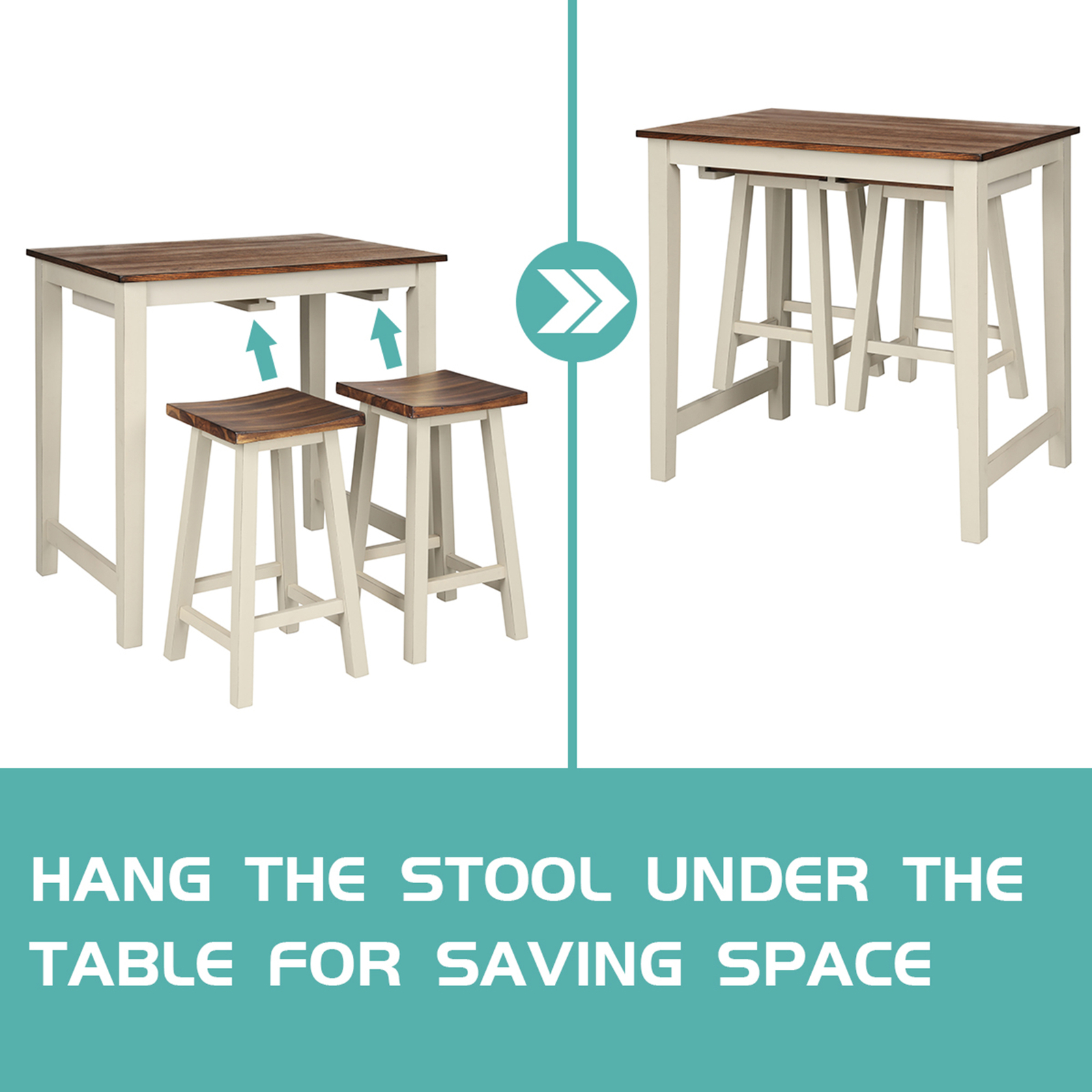 3-Piece Bar Table Set Counter Pub Table& 2 Saddle Bar Stools w/ Hanging Design