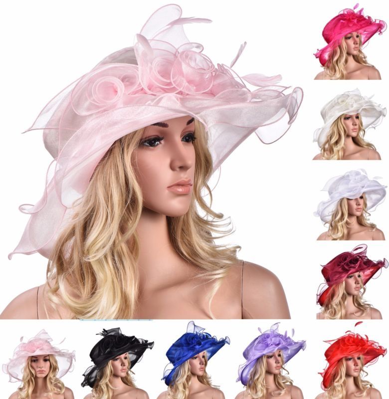 Womens Organza Floral Kentucky Derby Wide Brim Sun Hat Formal Party Church A341