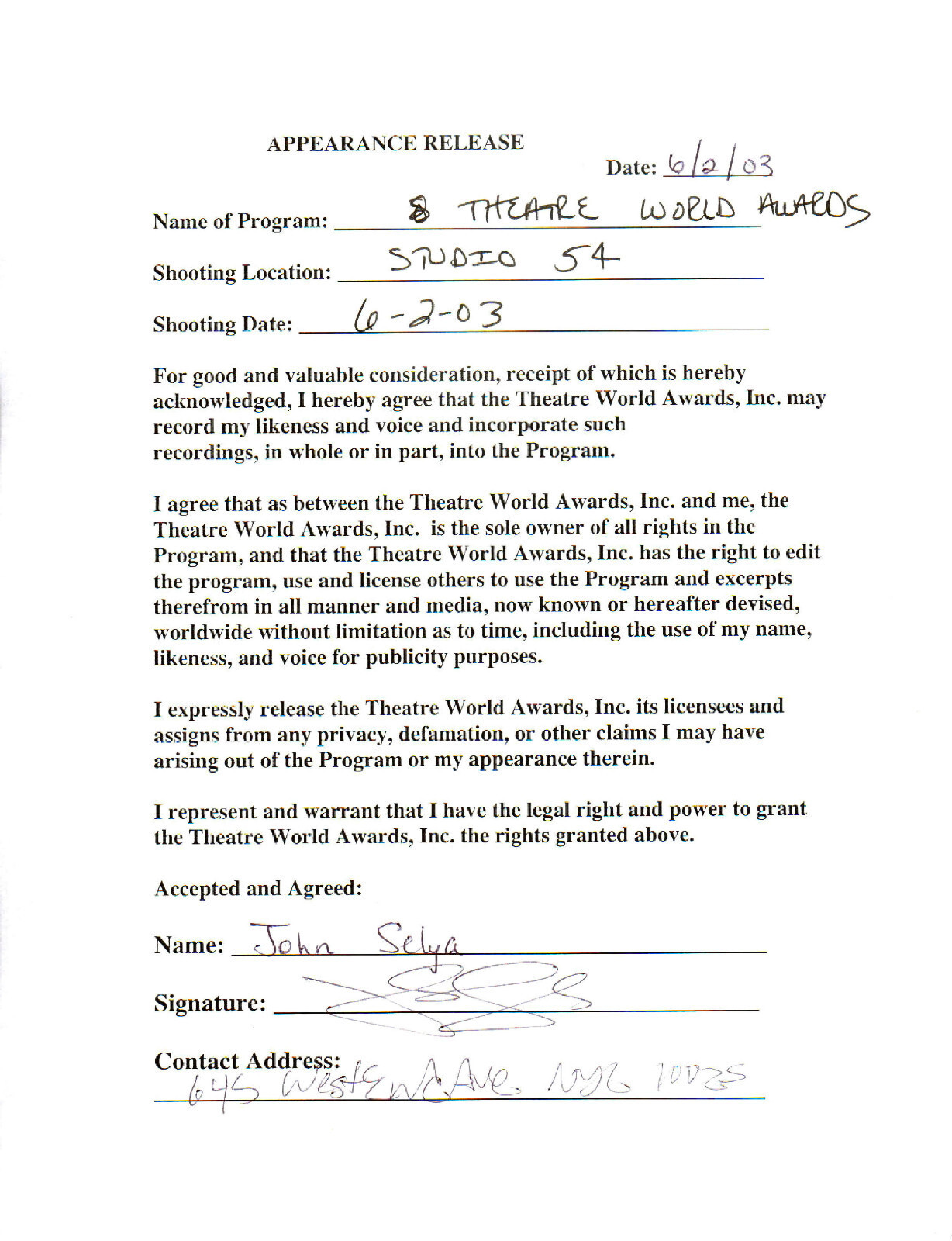 JOHN SELYA - Dancer & Choreographer - Broadway - Autograph Release Form
