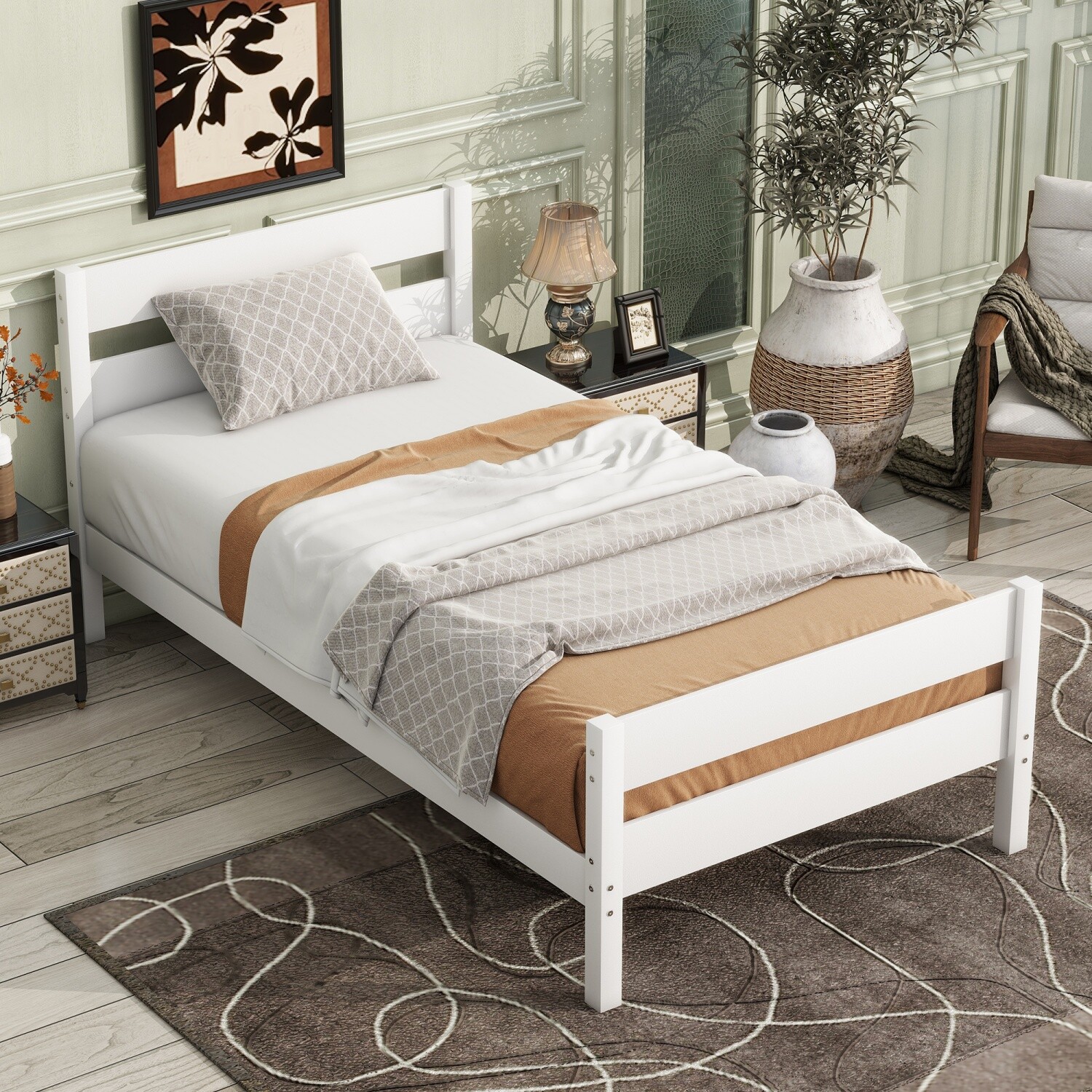 Twin Size Bed Frame Wooden Platform Bed Frame with Headboard White/Espresso