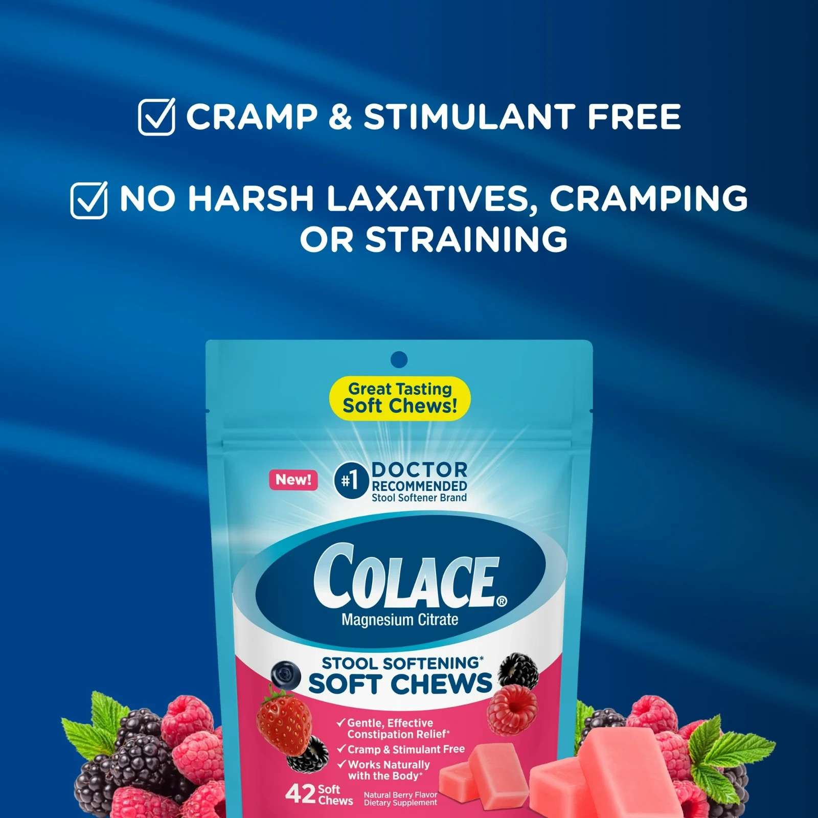 Colace Stool Softener Soft Chews Gentle Constipation Relief 42 Mixed Berry Chews