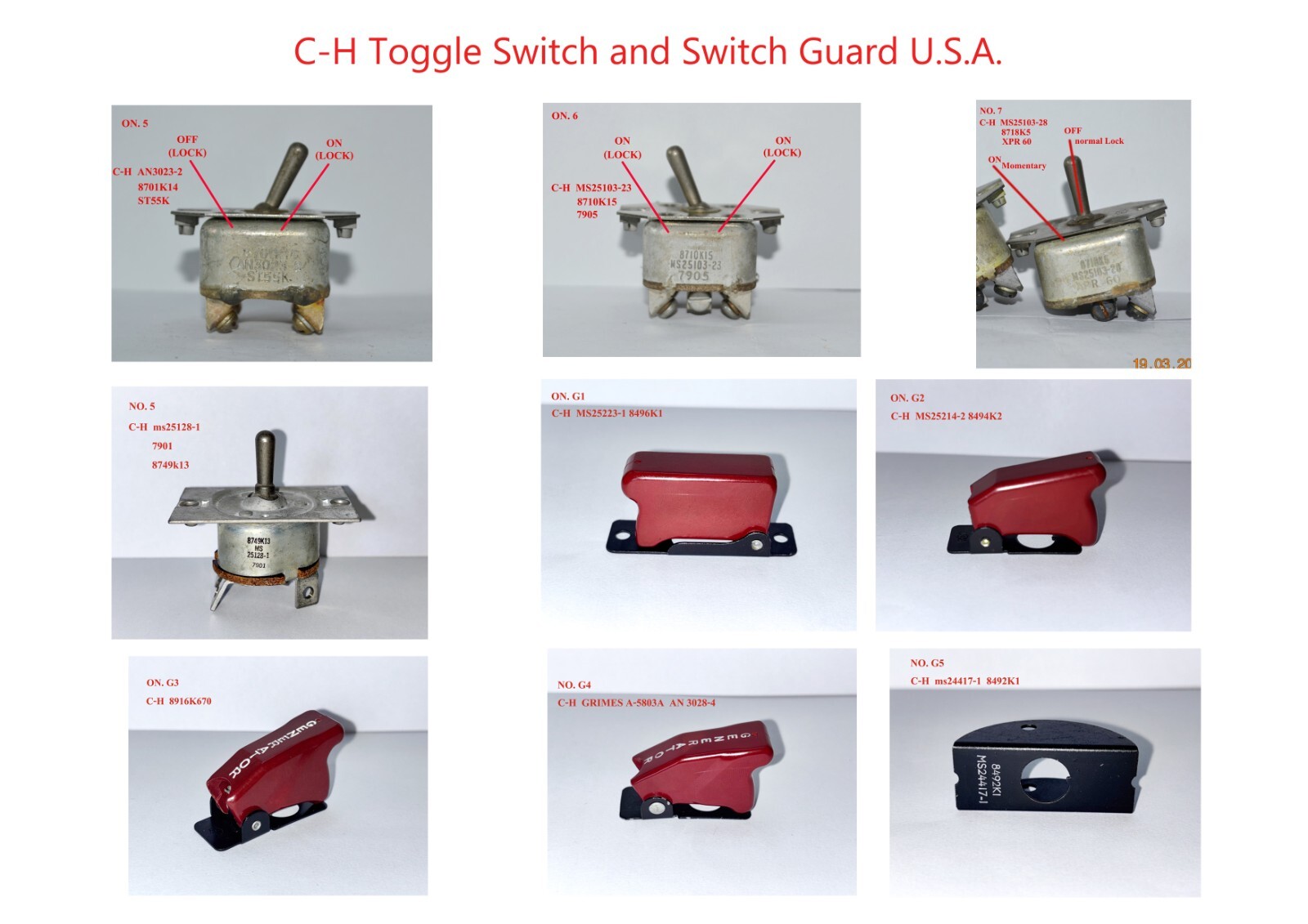 C-H Cutler Hammer Aircraft Toggle Switch 4 models and Switch Guard 5 model nos