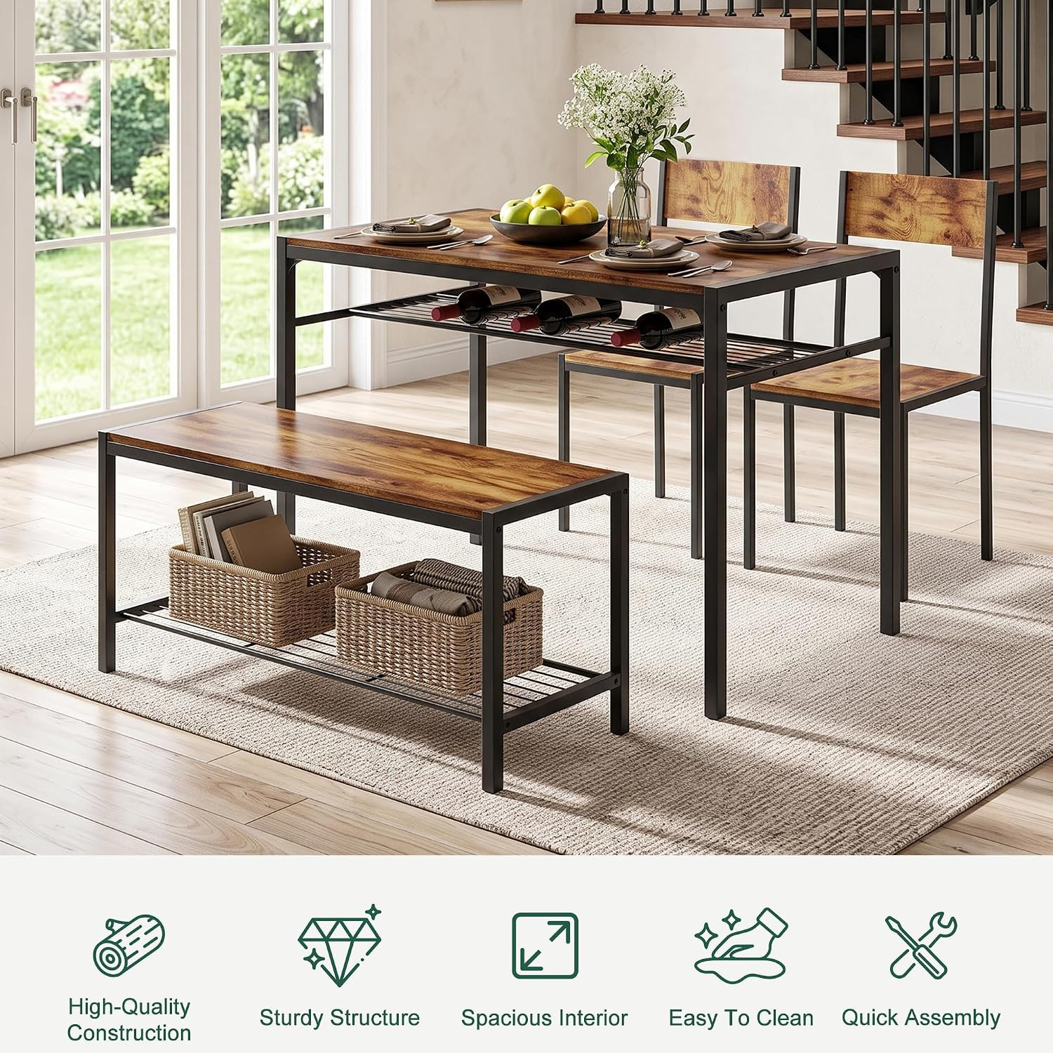 Kitchen Dining Room Table with 2 Chairs & Bench, Compact Space-Saving Design, Ea