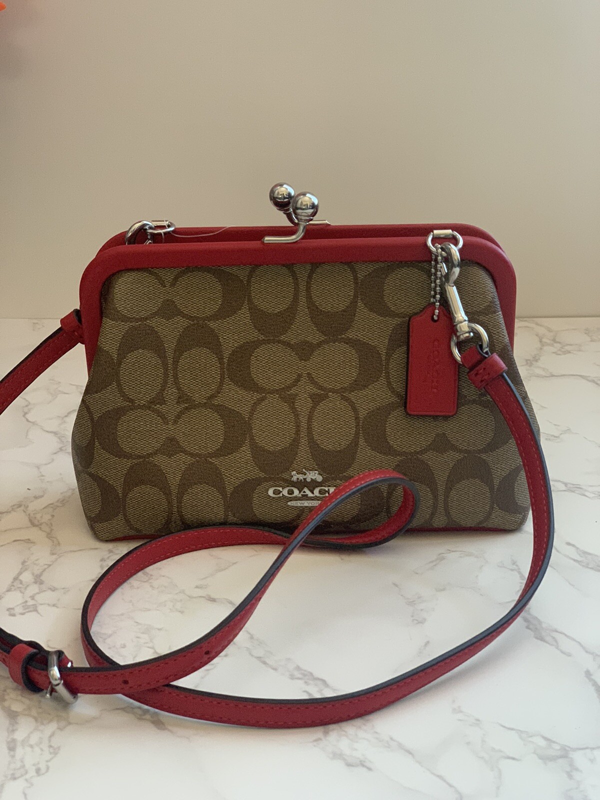 NWT Coach CH512 Nora Kisslock Crossbody Signature Canvas/Leather - Electric Red