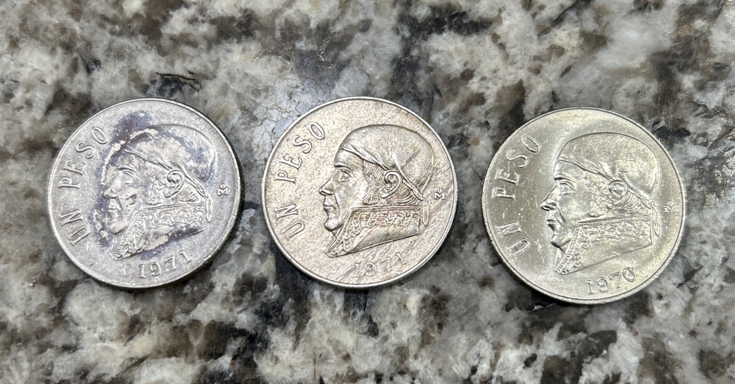 Set Of 3 Silver Mexican Pesos, Two 1971, One 1976