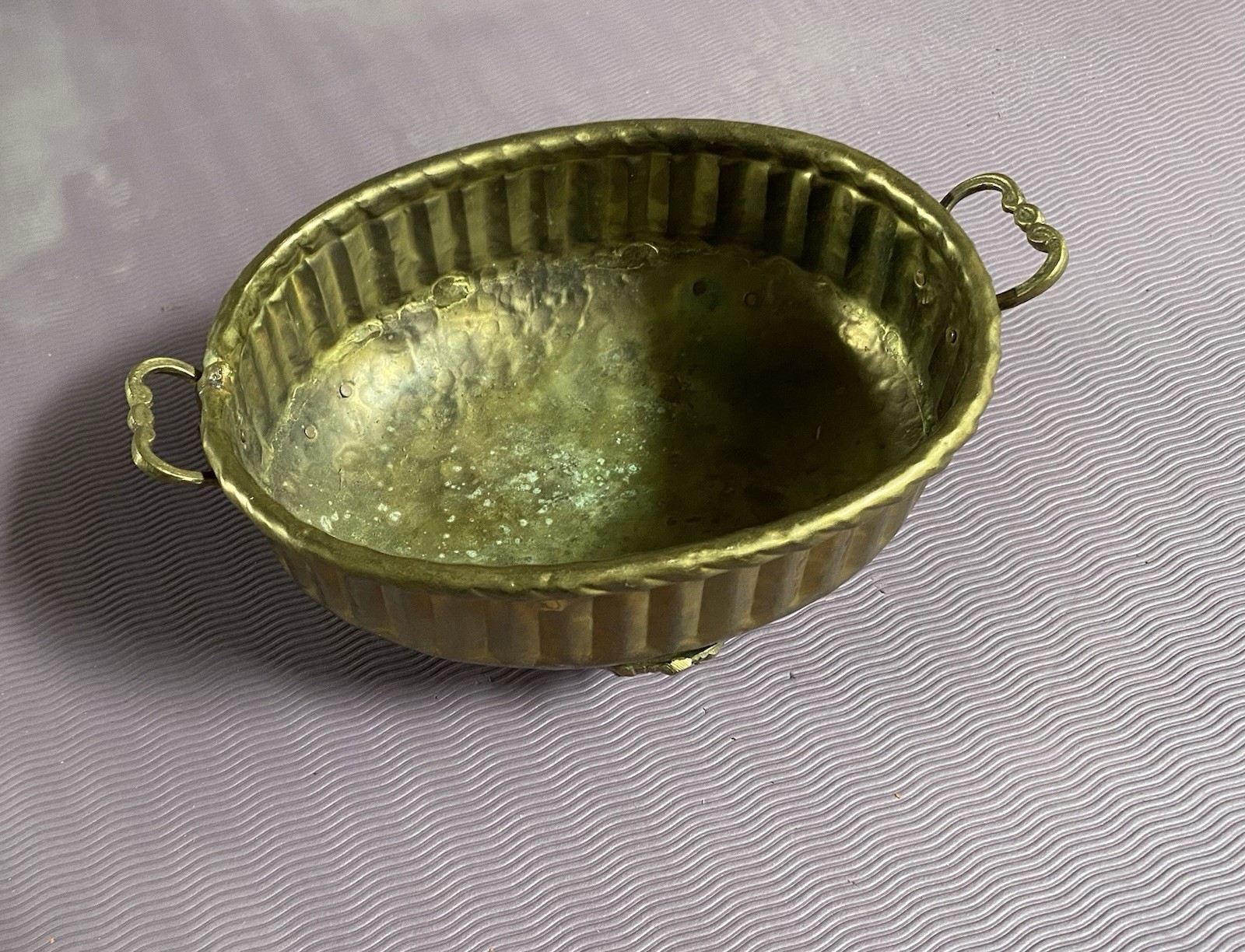 With Ornate Shell Feet - Vintage Brass Oval Planter Centerpiece Bowl Ridged