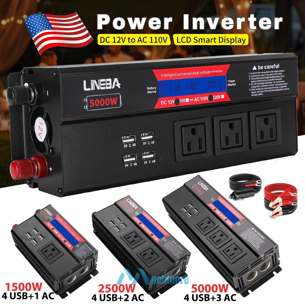 1500W 2500W 5000W Car Power Inverter 12V to 110V Converter 3AC 4USB LCD Display