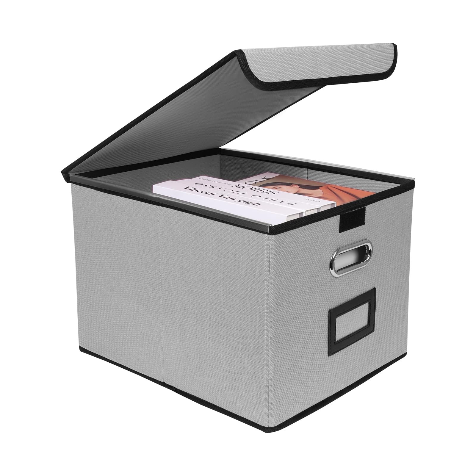 Tcbelosion File Storage Box with Lid, 15.55x12.87x10.43 Inches, Foldable Grey