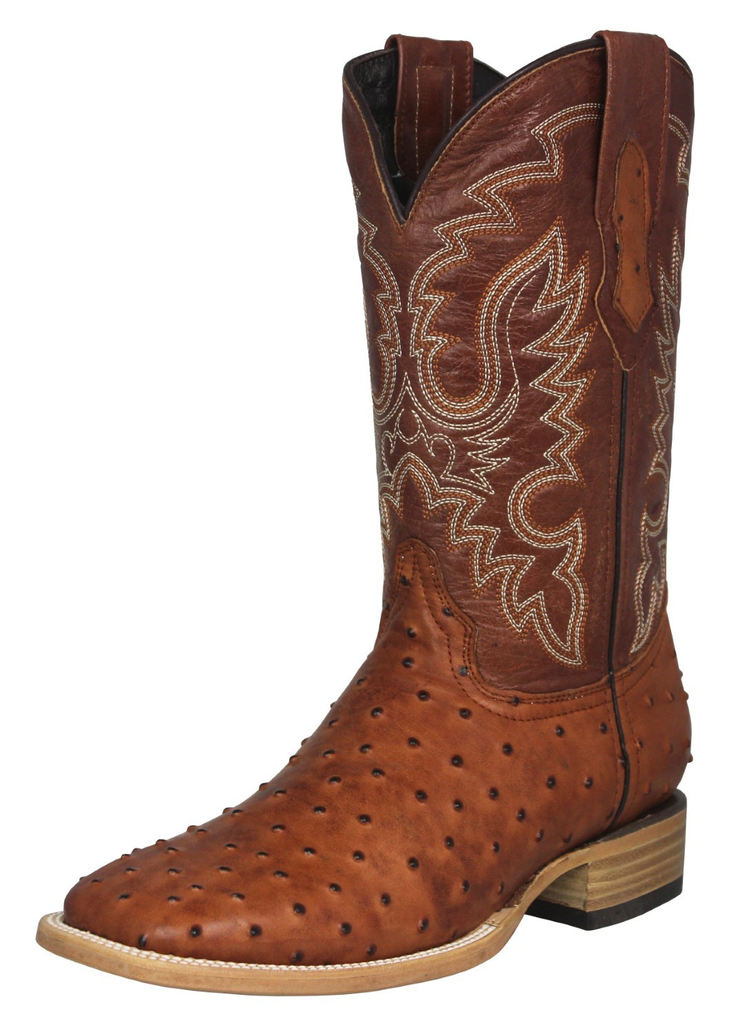 Mens Cognac Cowboy Boots Leather Ostrich Quill Print Western Wear Square Toe
