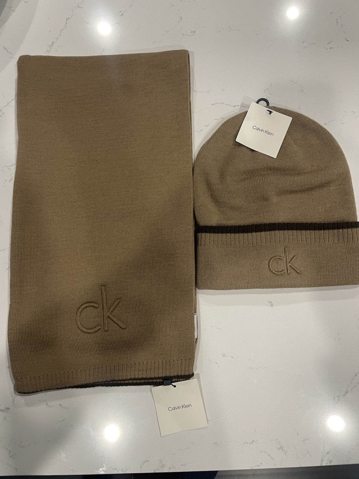 Calvin Klein 2 Piece Men’s Hat & Scarf Embroidered- TAN