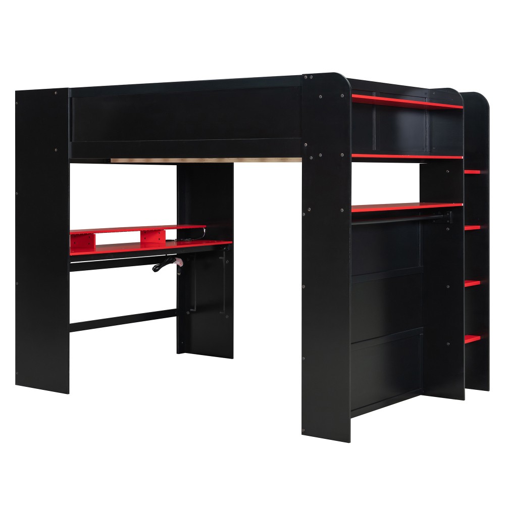 Full Size Bunk Bed with Desk, RGB Lights, Wardrobe, Storage for Gaming Setup