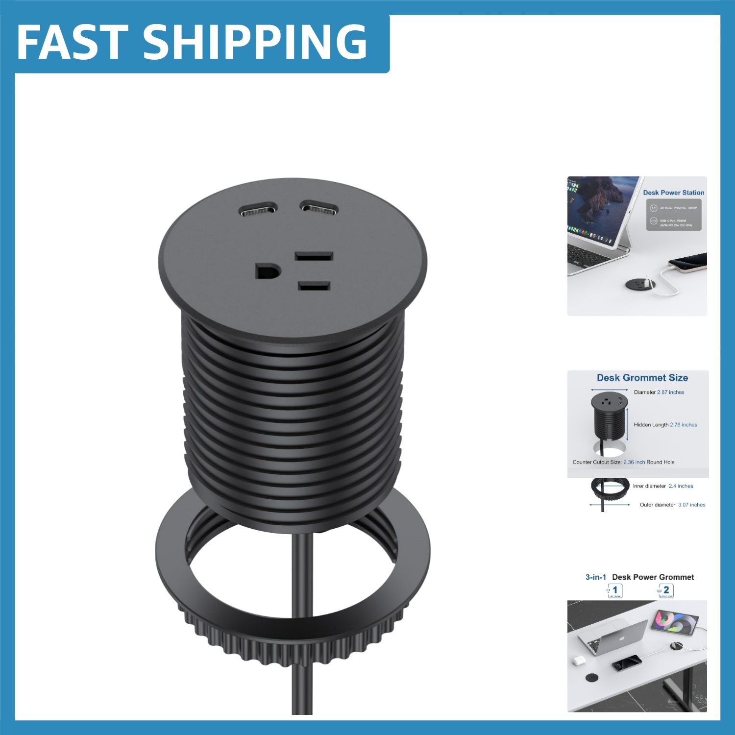 Modern Power Solution: Desk Grommet with 2x 20W USB-C & AC Outlet | 2.36” Cut
