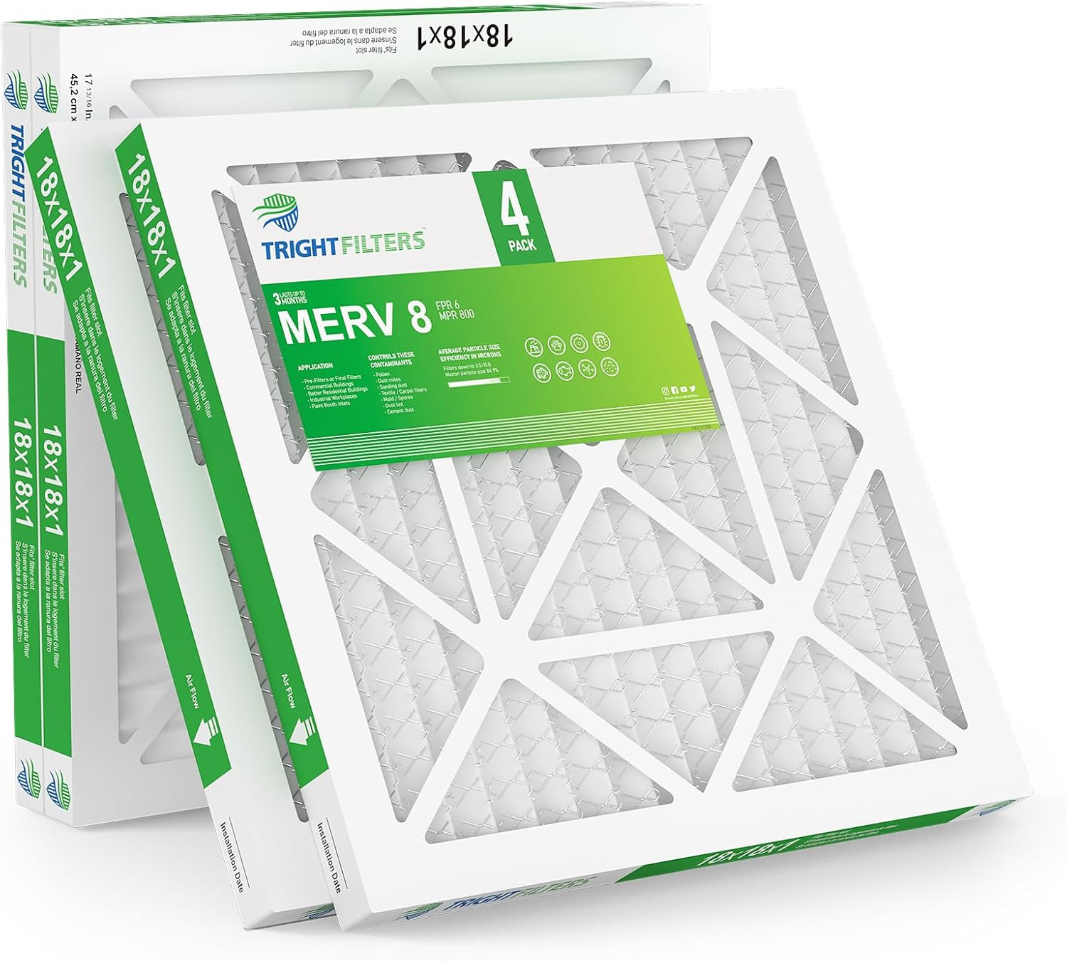 18X18X1 Air Filter 4 Pack, Durable MERV 8 Pleated Home HVAC AC Furnace Filters,